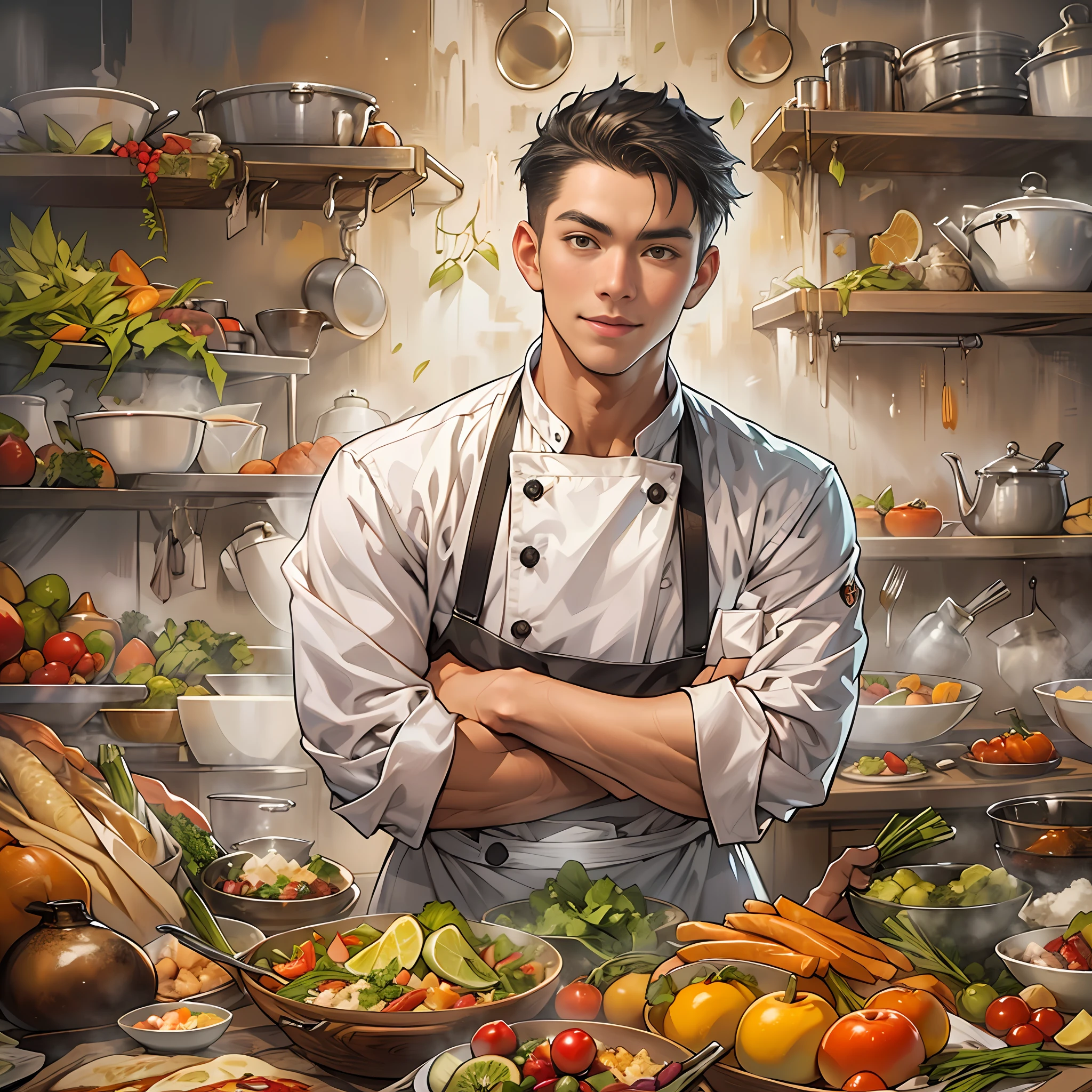 A young and handsome chef with a slight smile on his lips, hands on hips, exuding confidence in his gaze. Various images of ingredients float around him, such as vegetables, fruits, meats, and more.,in the style of the stars art group xing xing, 32k, best quality, masterpiece, super detail, high details