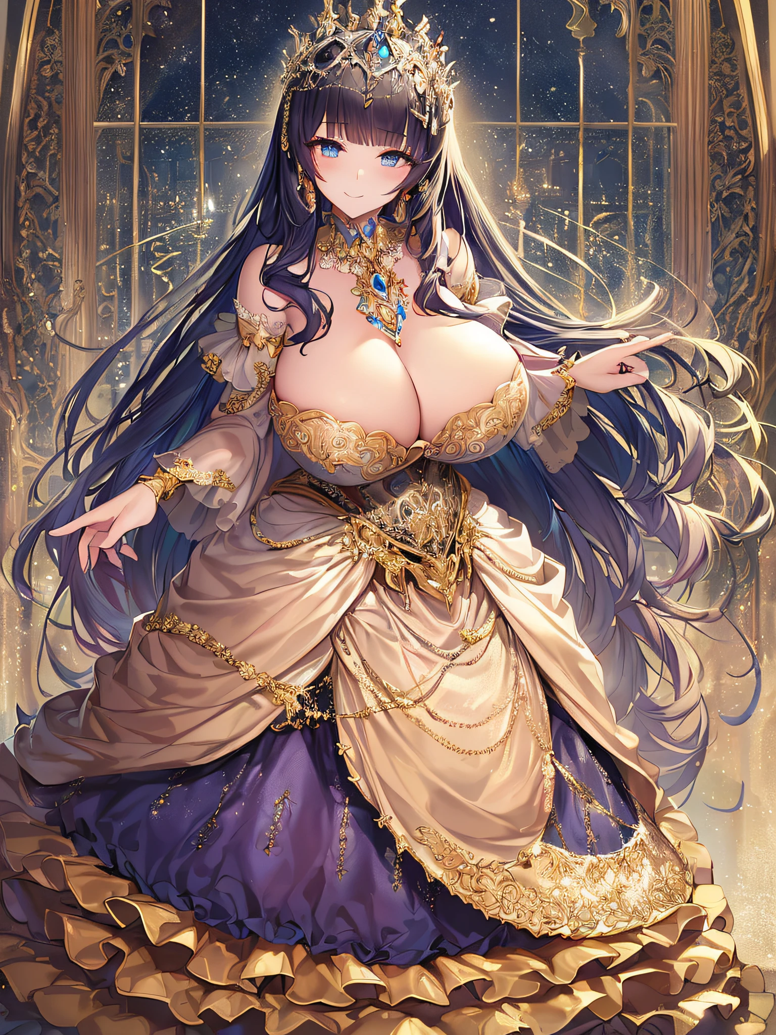 ((anime artstyle)),(Masterpiece),(Best Quality), (Super Detail),((Very Delicate and Beautiful)),((Solo)),((full body)),(((1 noble princess in extremely gorgeous ballgown with voluminous skirt))),detailed face and eyes,jewel-like eyes,(seductive smile),((extremely voluminous Very Long Hair,Straight Hair)),((extremely gigantic tits,Long tits)),curvy,skindentation,(gorgeousfull embroidery and lace),gorgeous corsage,See-through,extremely gorgeousfull hair ornament,extremely gorgeousfull glitter jeweled tiara,(Gorgeous jewelry that adorns the whole body),ornate ruffles,((full body)),((hoop skirt,crinoline)),Dynamic Angle,Looking at viewer,(((extremely gorgeous ballgown with voluminous skirt)),full body