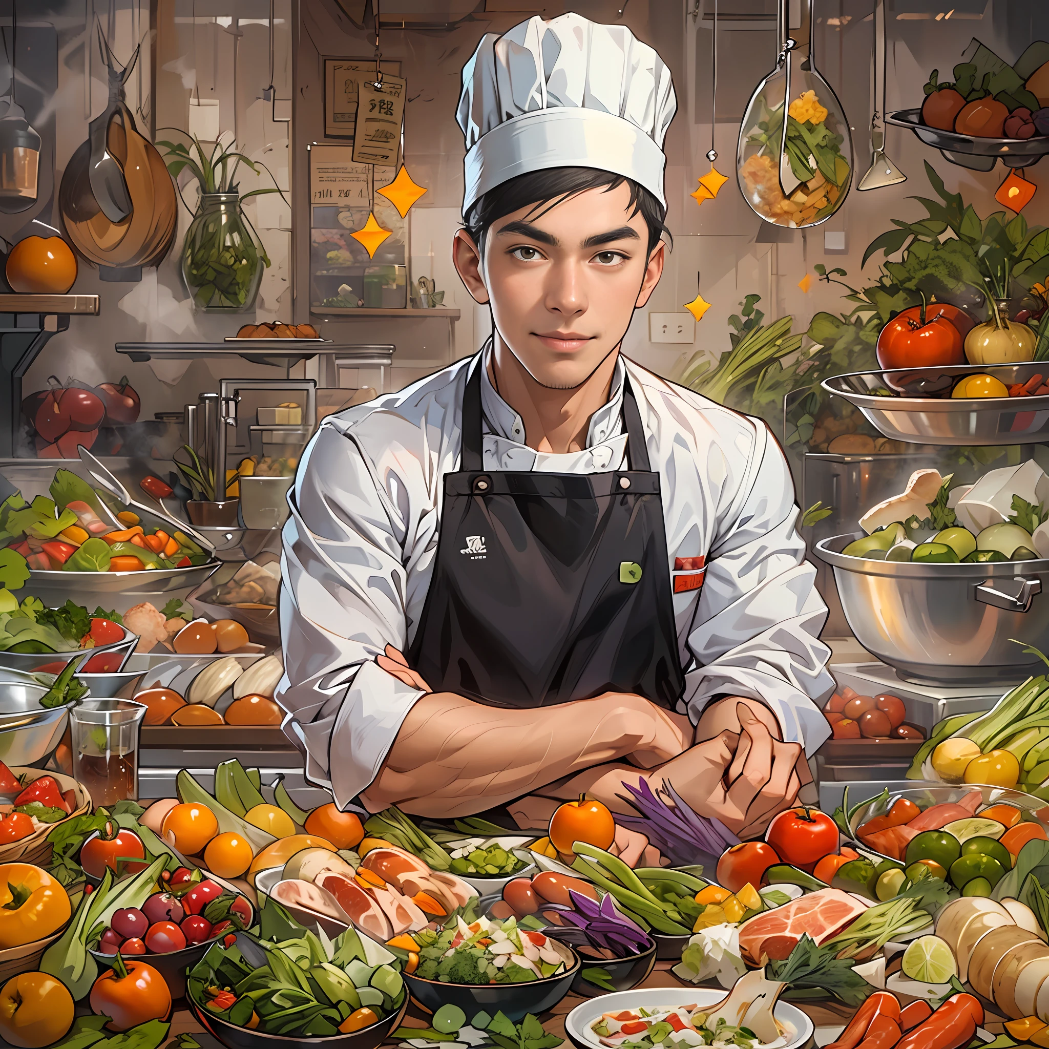 A young and handsome chef with a slight smile on his lips, hands on hips, exuding confidence in his gaze. Various images of ingredients float around him, such as vegetables, fruits, meats, and more.,in the style of the stars art group xing xing, 32k, best quality, masterpiece, super detail, high details