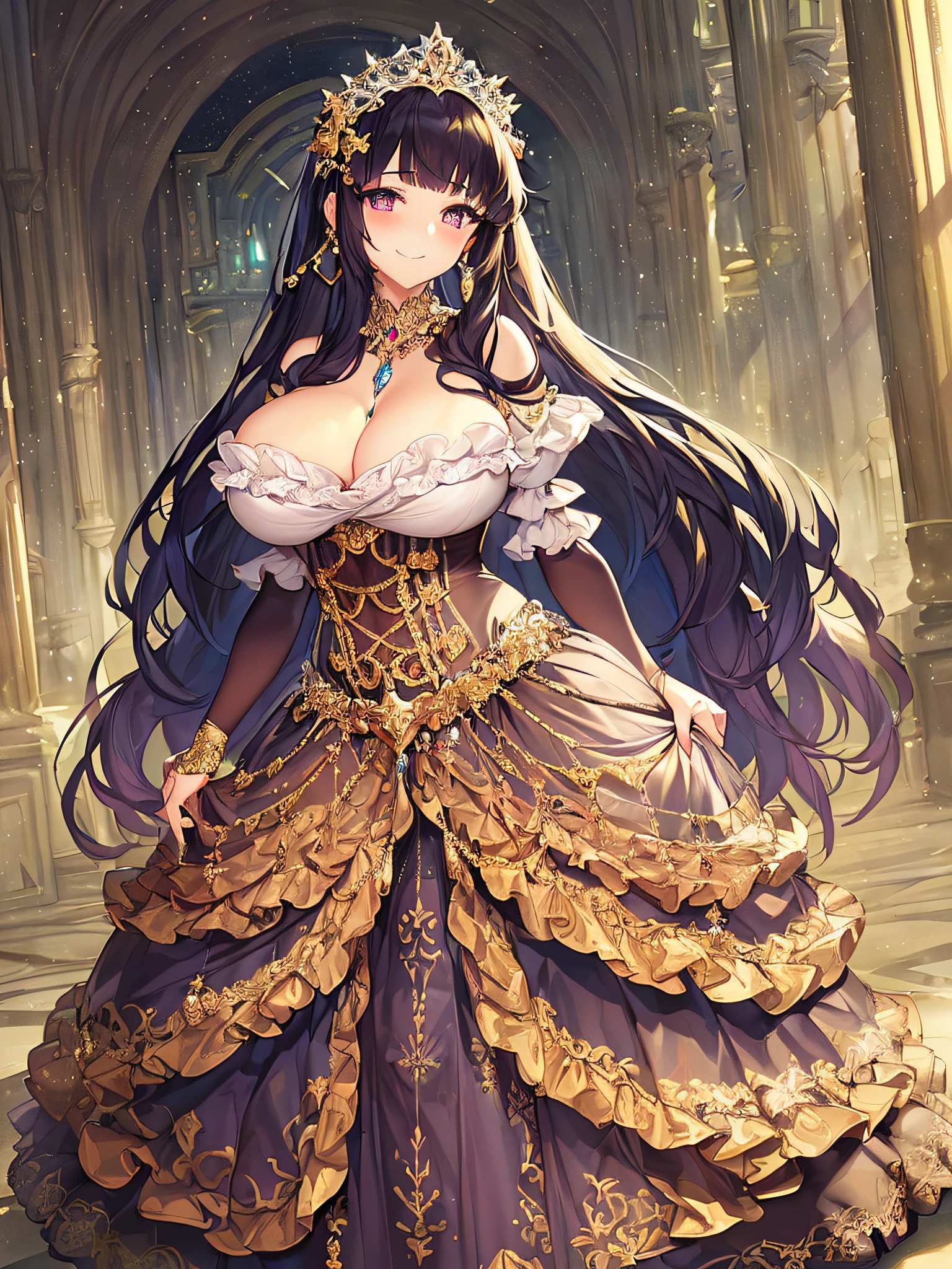 ((anime artstyle)),(Masterpiece),(Best Quality), (Super Detail),((Very Delicate and Beautiful)),((Solo)),((full body)),(((1 noble princess in extremely gorgeous ballgown with voluminous skirt))),detailed face and eyes,jewel-like eyes,(seductive smile),((extremely voluminous Very Long Hair,Straight Hair)),((extremely gigantic ,Long titsurvy,skindentation,(gorgeousfull embroidery and lace),gorgeous corsage,See-through,extremely gorgeousfull hair ornament,extremely gorgeousfull glitter jeweled tiara,(Gorgeous jewelry that adorns the whole body),ornate ruffles,((full body)),((hoop skirt,crinoline)),Dynamic Angle,Looking at viewer,(((extremely gorgeous ballgown with voluminous skirt)),full body