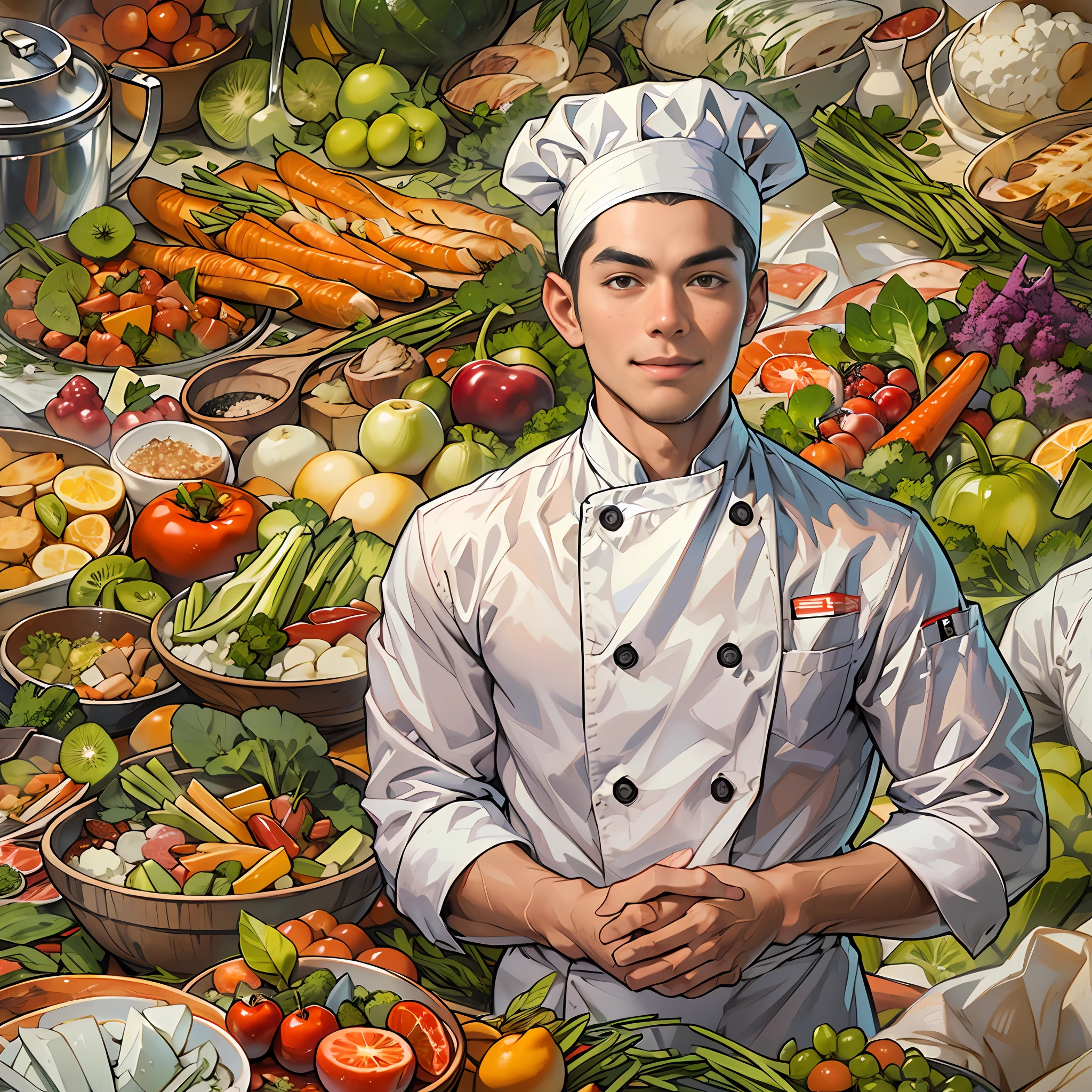 A young and handsome chef with a slight smile on his lips, hands on hips, exuding confidence in his gaze. Various images of ingredients float around him, such as vegetables, fruits, meats, and more.,in the style of the stars art group xing xing, 32k, best quality, masterpiece, super detail, high details