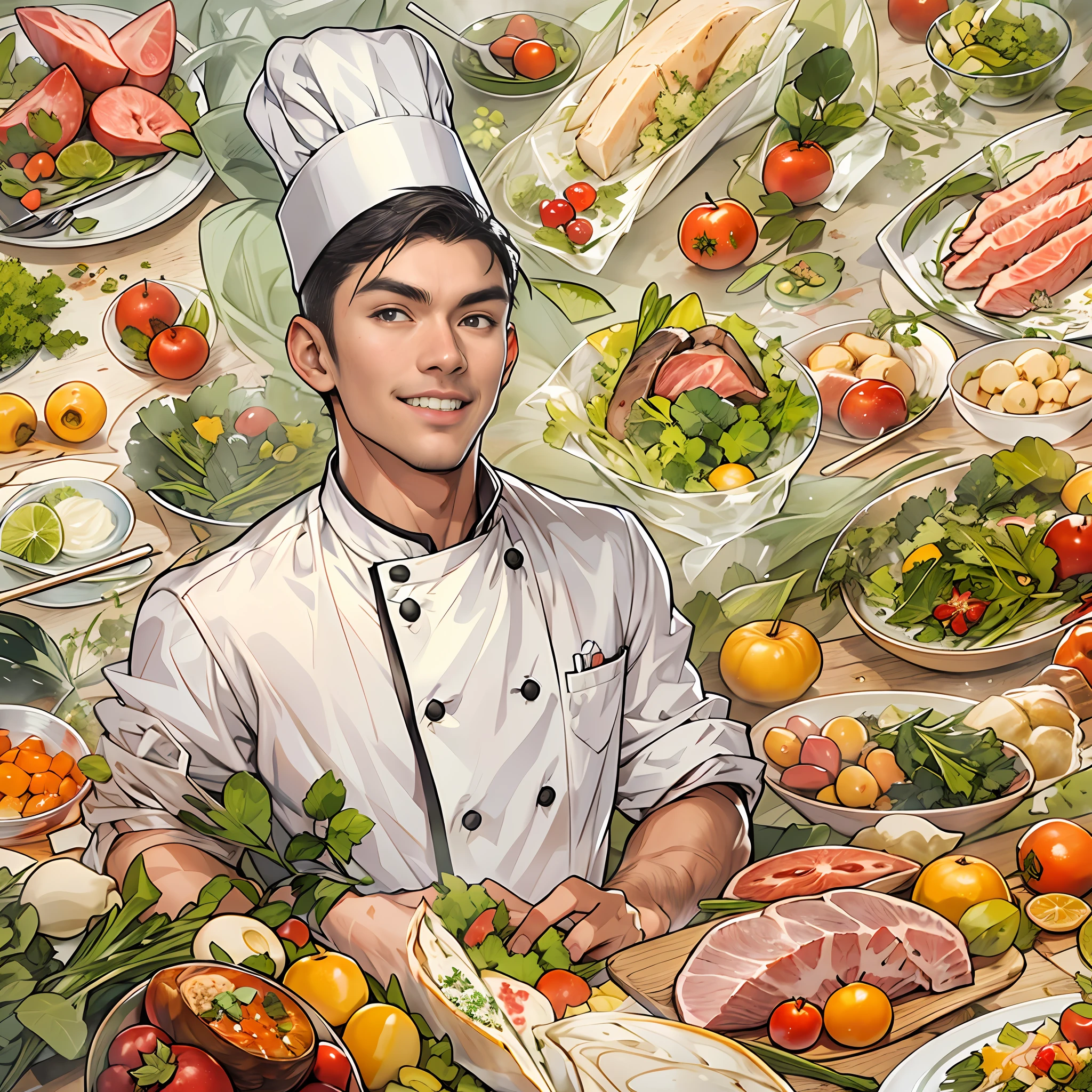 A young and handsome chef with a slight smile on his lips, hands on hips, exuding confidence in his gaze. Various images of ingredients float around him, such as vegetables, fruits, meats, and more.,in the style of the stars art group xing xing, 32k, best quality, masterpiece, super detail, high details