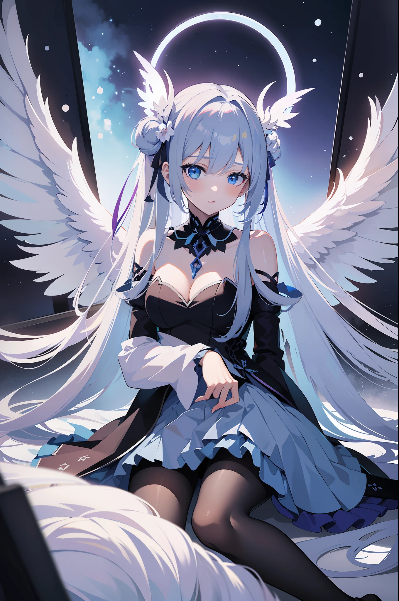 teens girl,In a dark room at night,There are angelic wings and halos,Presenting a demon anime girl with a nighttime core theme。Based on Azure channel styles,Combine ethereal and mecha themes,Showcasing anime goddesses and white-haired mysterious characters。Depicting female characters from ethereal anime in a high-quality anime art style,It gives an angelic feeling。