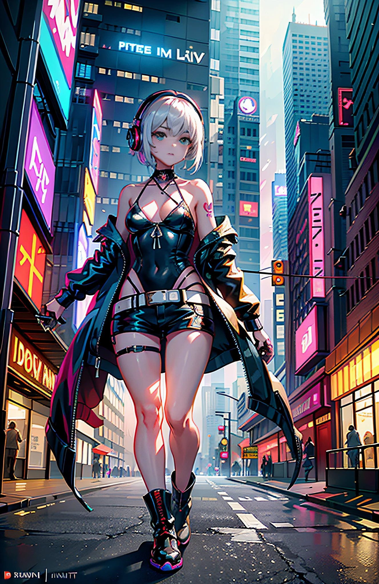 ompts
Copy
best quality, realistic, photorealistic, award-winning illustration, (intricate details:1.2), (delicate detailed), (intricate details), (cinematic light, best quality Backlights), clear line, sharp focus, official art, unity 8k wallpaper, absurdres, incredibly absurdres, huge filesize, ultra- (in_main_street:1.21), (neon lamp),fantasy art, rtx,((award winning studio closeup photo of a triangle)), 1boy,half body,(Full tattoo),(closed mouth),small breasts,((Cyberpunk city Street, Battle Maiden,Katana, robot arm)),(Cyberpunk blouse, leather jacket, Martin boots),(headphones_around_neck),(headphones_around_hair)