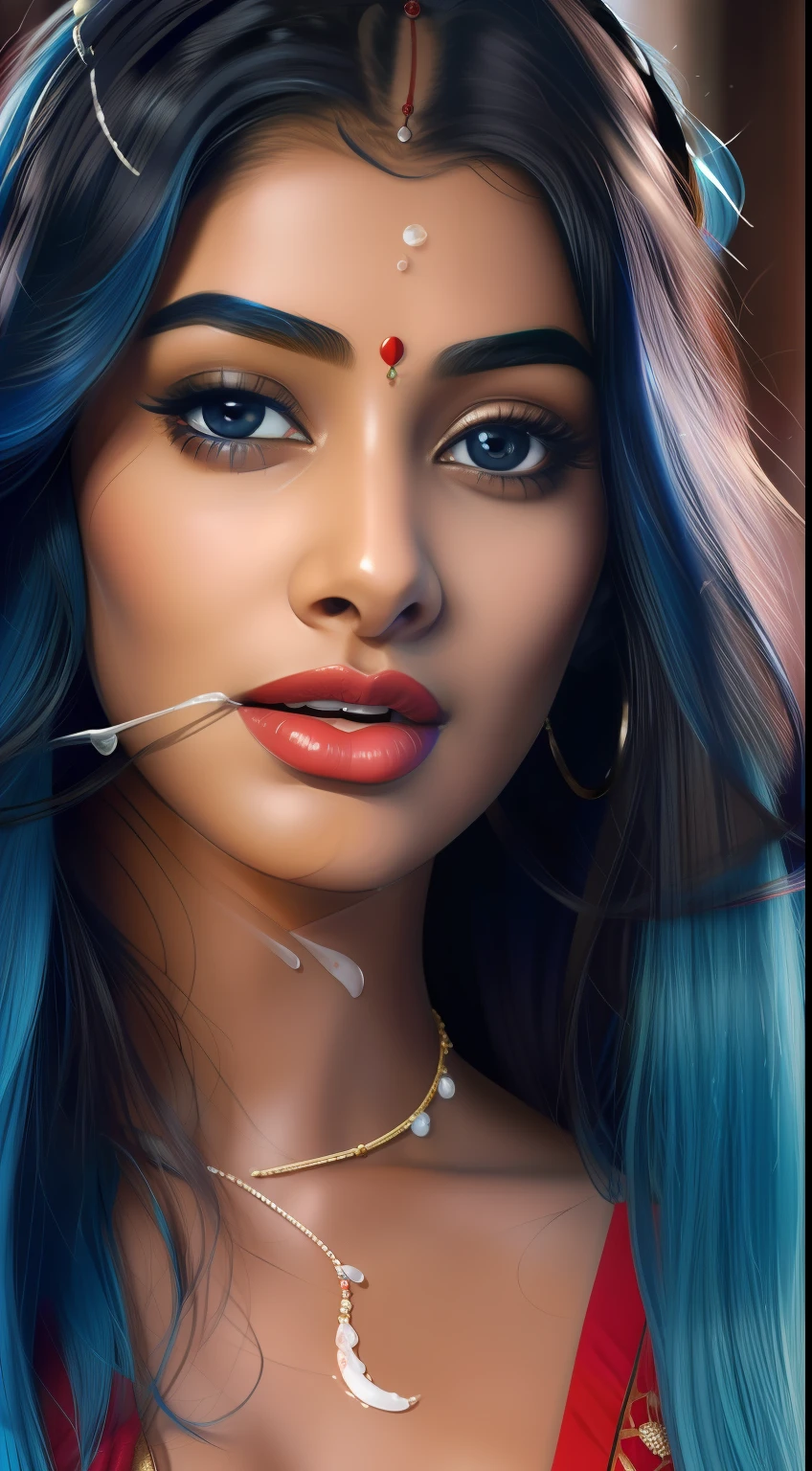Masterpiece, highest quality, hyper-realistic portrait of an Indian girl with Indian beauty.(8k, best quality), {{cum(sperm) on face}}, cum_in_mouth. Red lipstick. Sindur in head, blue hair Face is full of cum. Cuming out from mouth.She looking at viewer. Close up face photo. Cum on face mandatory
