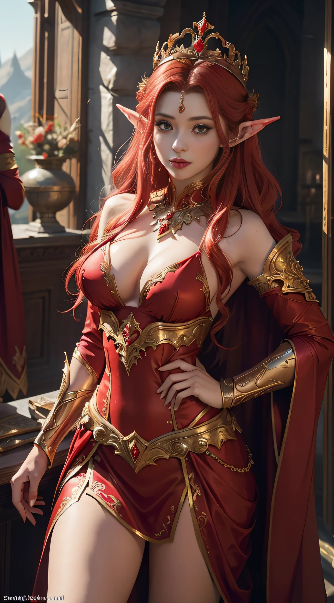 One wearing a red dress,Woman with a crown on her head, Gorgeous Role Play, fantasyoutfit, samira from league of legends, cinematic goddess body shot, alluring elf princess knight, beautiful and elegant elf queen, lady in red armor, beautiful elegant demon queen, fantasy style clothing, Anime girl cosplay, warrior costume, cosplay, ornate bikini armor
