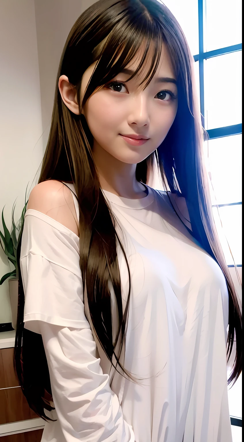best qualtiy、masterpiece、photoRealstic、intricate-detail、Raw foto、Photon Rendering、Octane Rendering、absurderes、ultra-detailliert、A detailed face、Detailed skin、Trending in art stations、8K Masterpiece、lighting like a movie、( (1girl in))、((独奏) ))、((Behold))、CG Social Trends、((length hair))、((Beautuful Women))、(A smile)、((A sexy))、Hair that flutters in the wind、((Flowing hair))、Happy、fashion magazine、Plain clothe、tshirts、