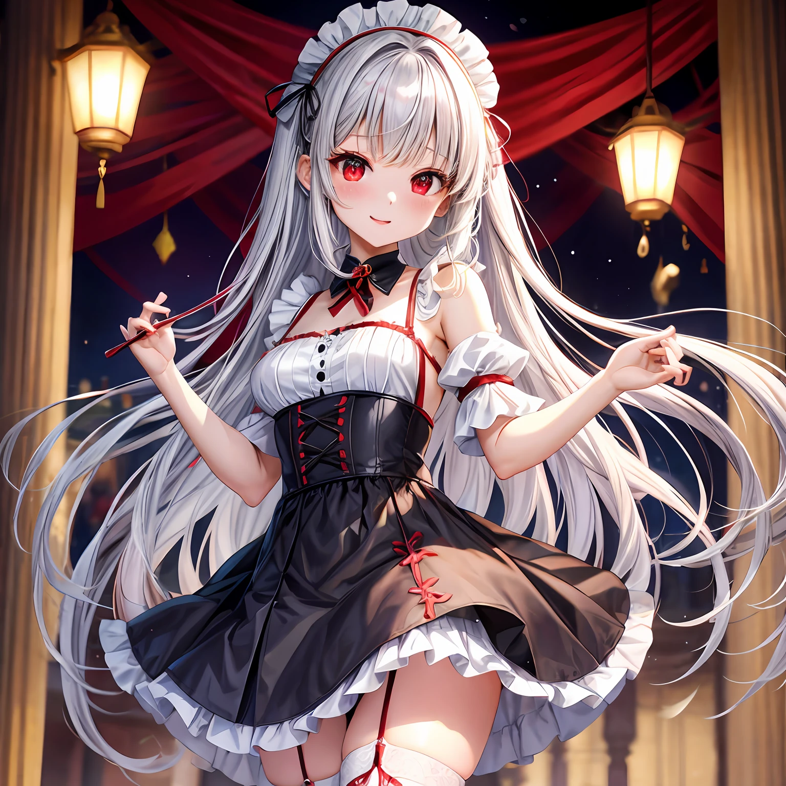silber hair、red eyes、One pretty girl、独奏、animesque、maid clothes、off shoulders、a miniskirt、A sexy