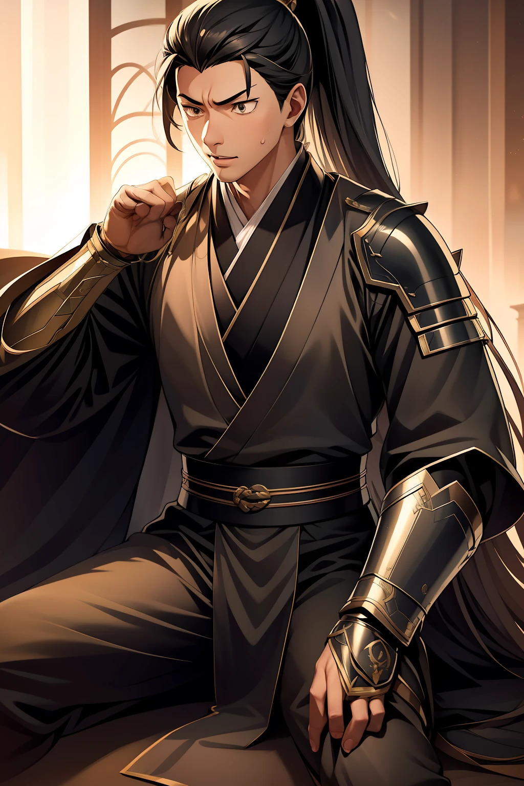 quadratic element,style of anime,mtu(Male Warrior),sit astride,The proportions are correct,Face details,swordsmen,High ponytail hairstyle,Neck details,There is an Adam's apple,Black Hanfu,kaftan,clothes details,Handing over,longer sleeves,Game quality,Swordsmanship,Light and shadow tracking,Ray traching,detailed glow,cg render,hair detail,cabelos preto e longos,Black ㇏ eyes,Handsome,Handsome,(juvenile sense),Clothing is complicated,Perfectcomposition,Refinement,high qulity,higher details,Lots of details,The background is complex,a sense of atmosphere,