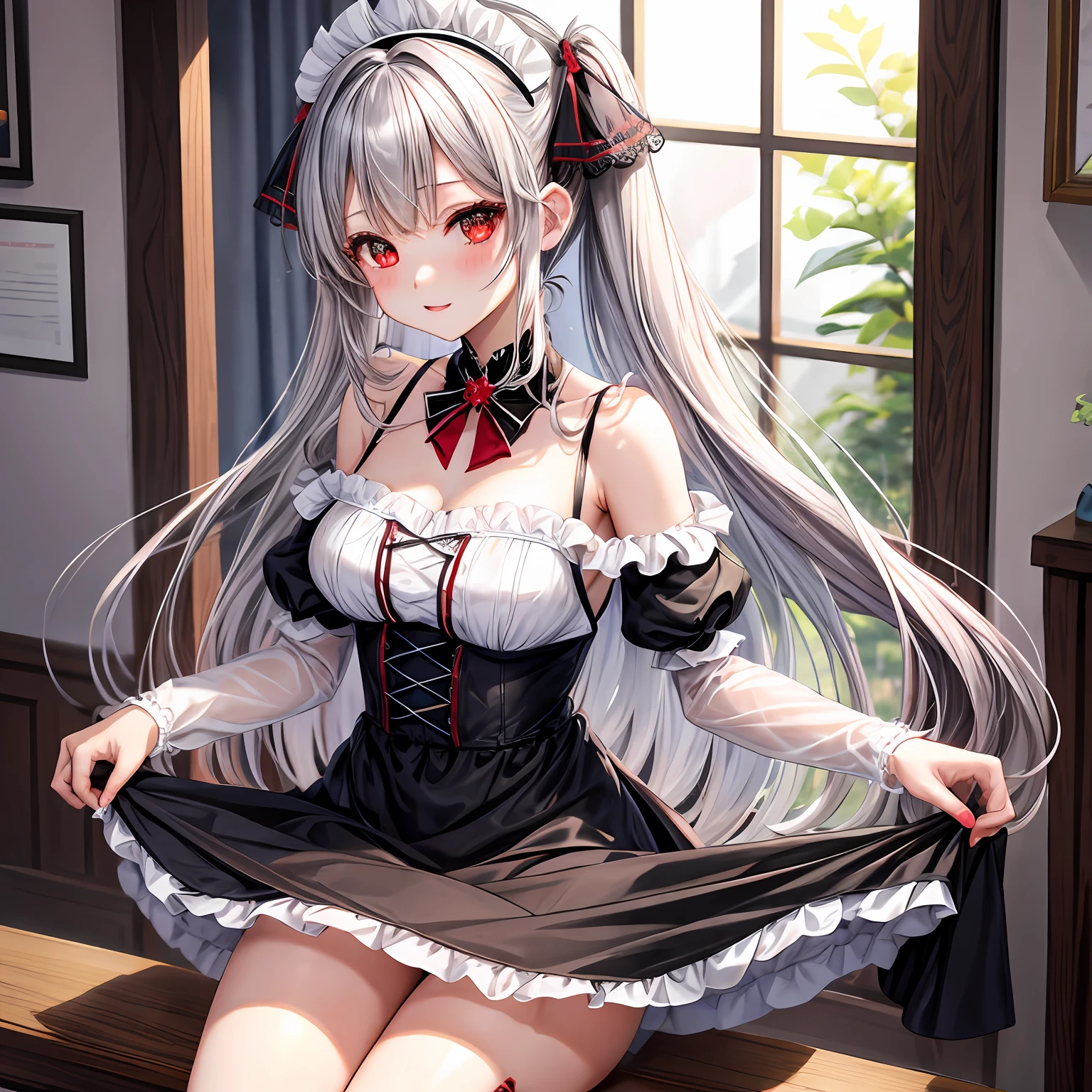 silber hair、red eyes、One pretty girl、独奏、animesque、maid clothes、off shoulders、a miniskirt、A sexy
