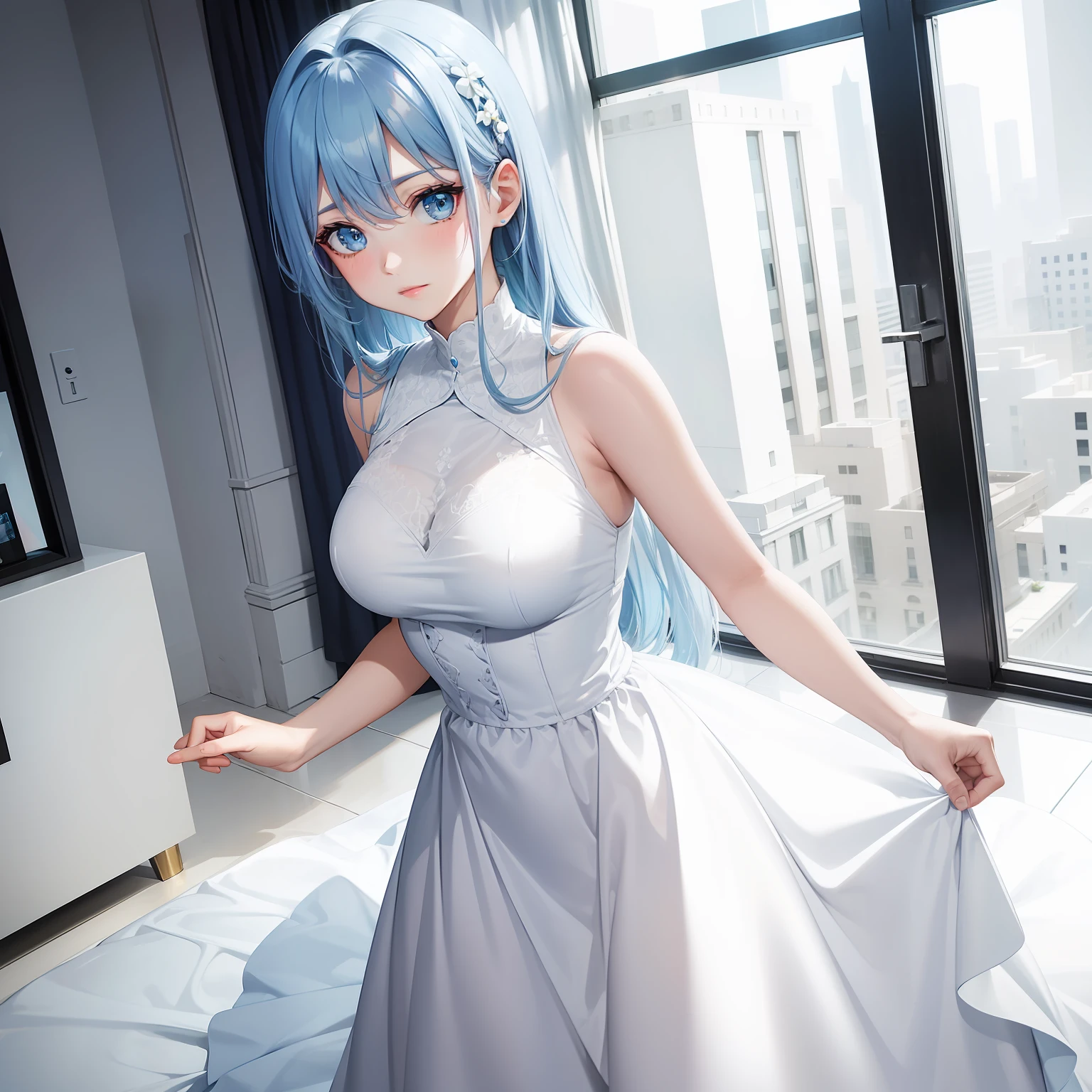 a women, blue hair, blue eyes, white dress