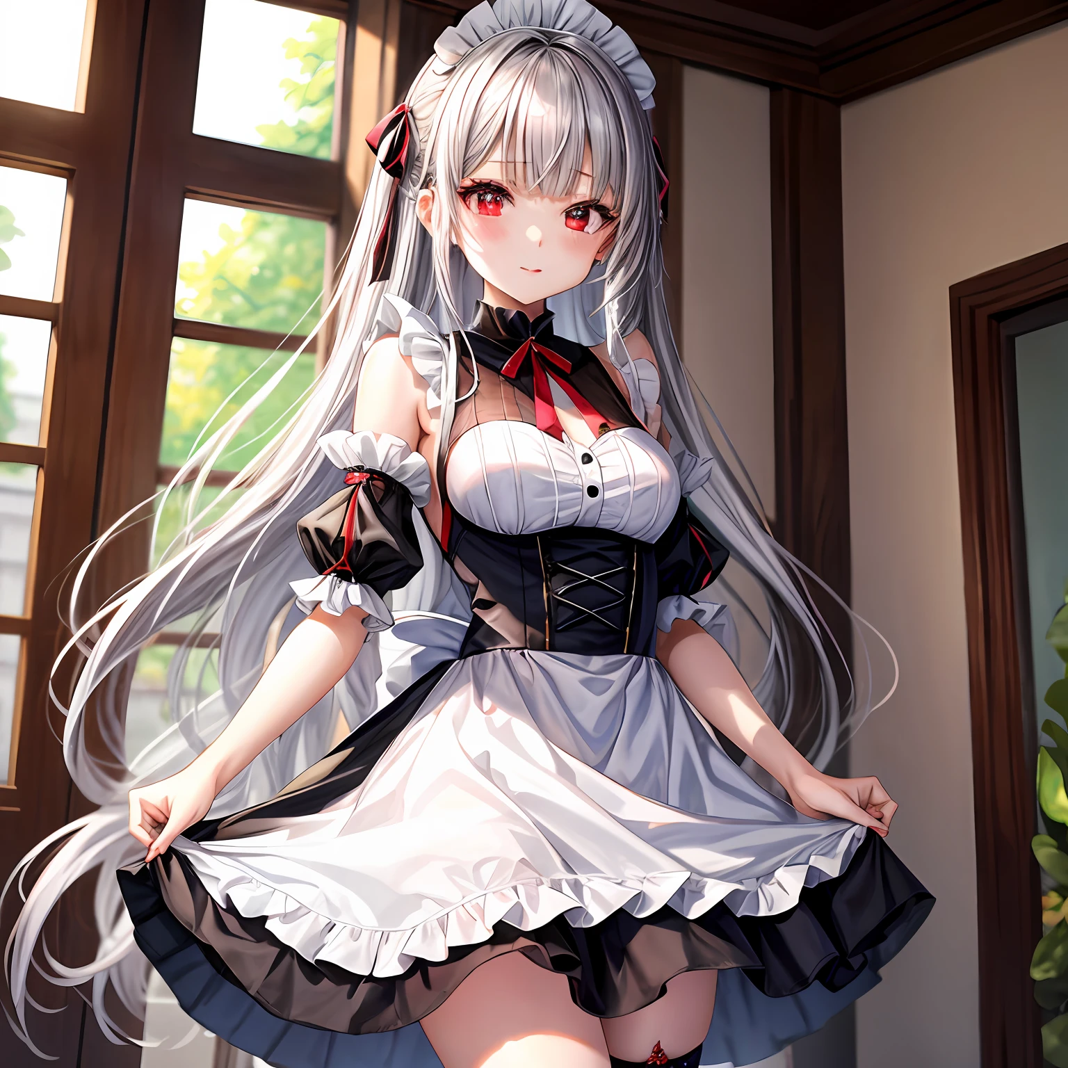silber hair、red eyes、One pretty girl、独奏、animesque、maid clothes、off shoulders、a miniskirt、A sexy