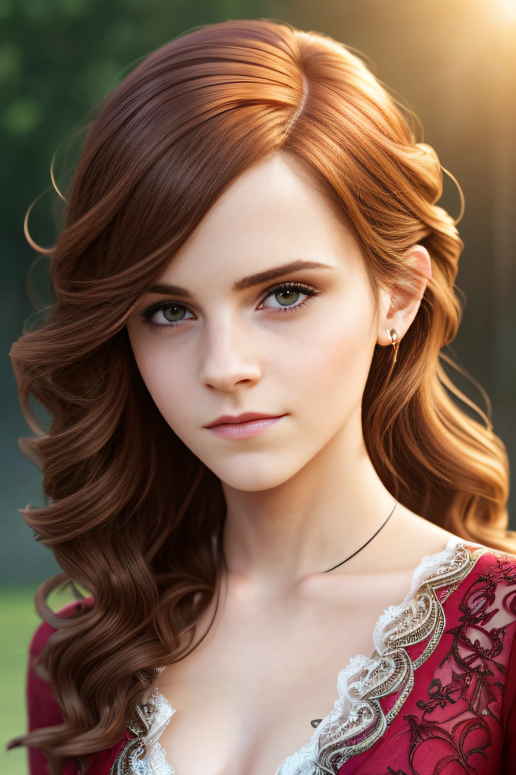 emma watson, (elegant, beautiful face), curly red hair, (cheeky smile:0.8), pale skin, goth makeup, (intricately detailed, fine details, hyperdetailed), raytracing, subsurface scattering, diffused soft lighting, atmospheric lights, flashes of light and sparks, curls, god rays, ultradetailed, ultradetaled, detailed skin, natural skin texture, shallow depth of field, hdr, 8k, cinematic, hyperrealistic, ultradetaled geen eyes, hyper realism soft light, film, studio lighting, detailed skin, ultra realistic, bokeh, sharp features, best quality, ultra high res, detailed face, realistic face, raw photo --auto