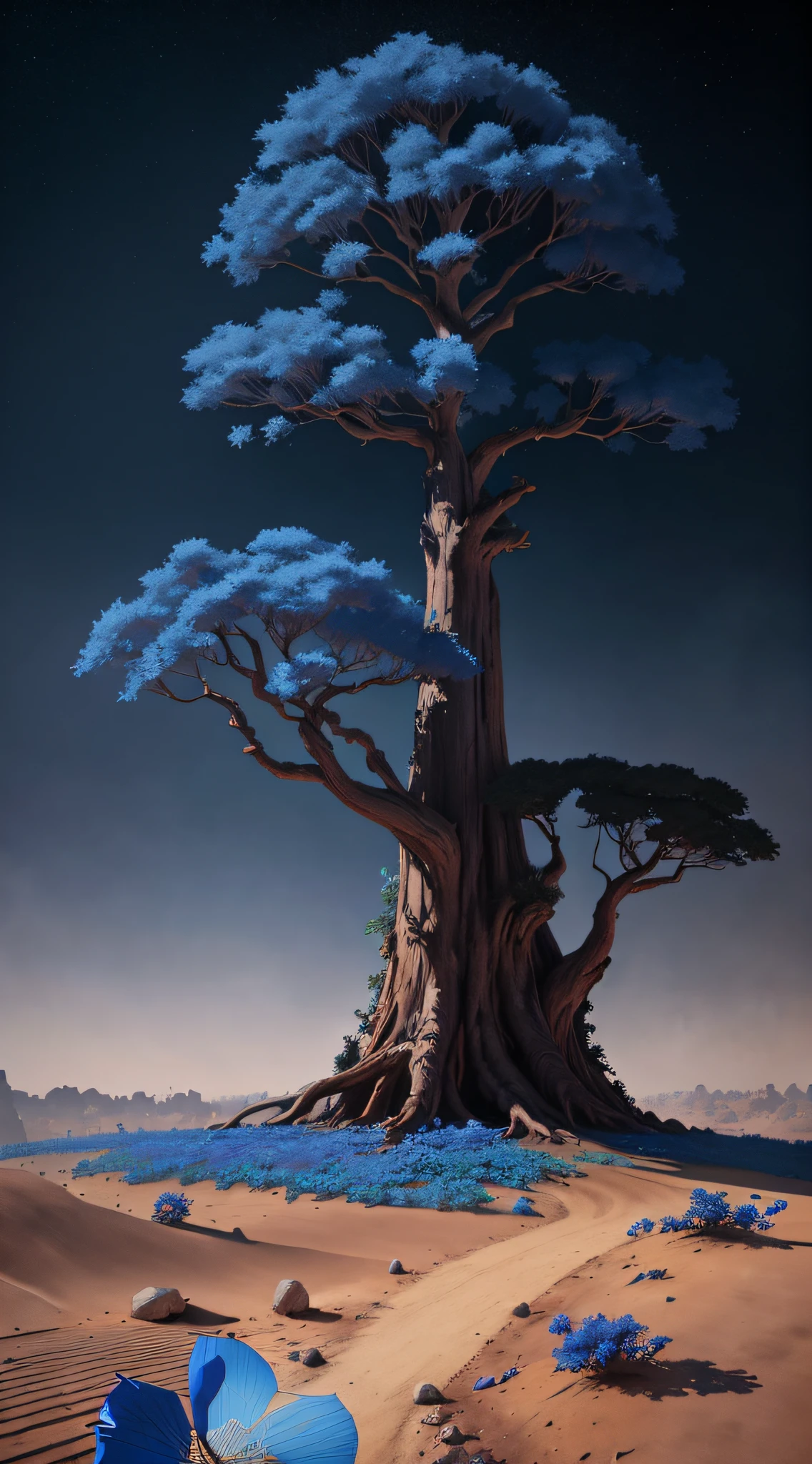 there is a blue umbrella sitting on the ground in front of a tree, fantasy tree, trees. matte painting, rendered art, rendered in keyshot, low detailed. digital painting, beautiful painting of a tall, fantasy render, ancient tree, rendered in blender, realistic fantasy render, 3 d render stylized, stylized as a 3d render, matte digital painting