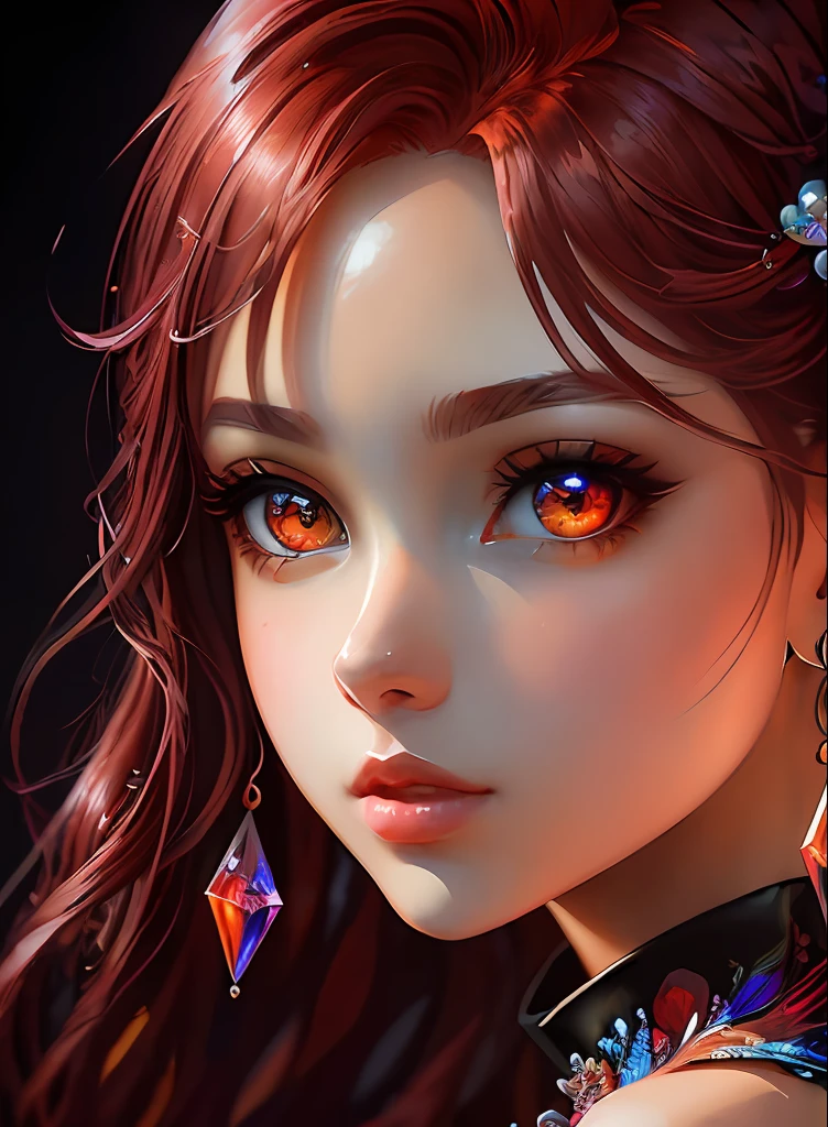 ((top-quality)), ((​masterpiece)), ((realisitic)), (detaileds),animesque、anime styled、 (1人の女性）Earrings only accessories、Close up portrait of woman with wine red hair、Very beautiful glowing eyes, Like crystal clear glass、Tank Tops、Summer clothes、4K high-definition digital art、stunning digital illustration、Stunning 8K artwork、colorfull digital fantasy art、Colorful and bright、beautiful digital works of art、Colorful Digital Anime Art、Portrait of beautiful woman、8K HD Digital Wallpaper Art、 Gorgeous Digital Painting