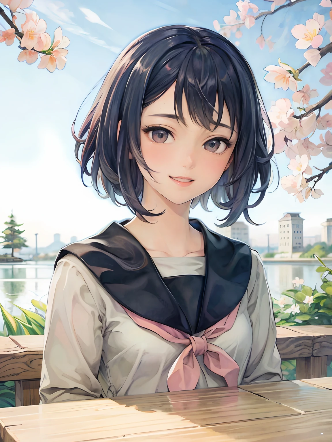 detailed manga illustration,(masterpiece),(best quality),Amazing,beautiful detailed,extremely detailed wallpaper,extremely detailed CG unity 8k wallpaper,an extremely delicate and beautiful,perfect face, sidelighting, lustrous skin, (shine), lighting, depth of field, perspective,
1 girl, :d, black_hair, school uniform, sailor uniform, cherry blossom tree, looking_at_viewer, short_hair, solo, upper_body,
detailed background,