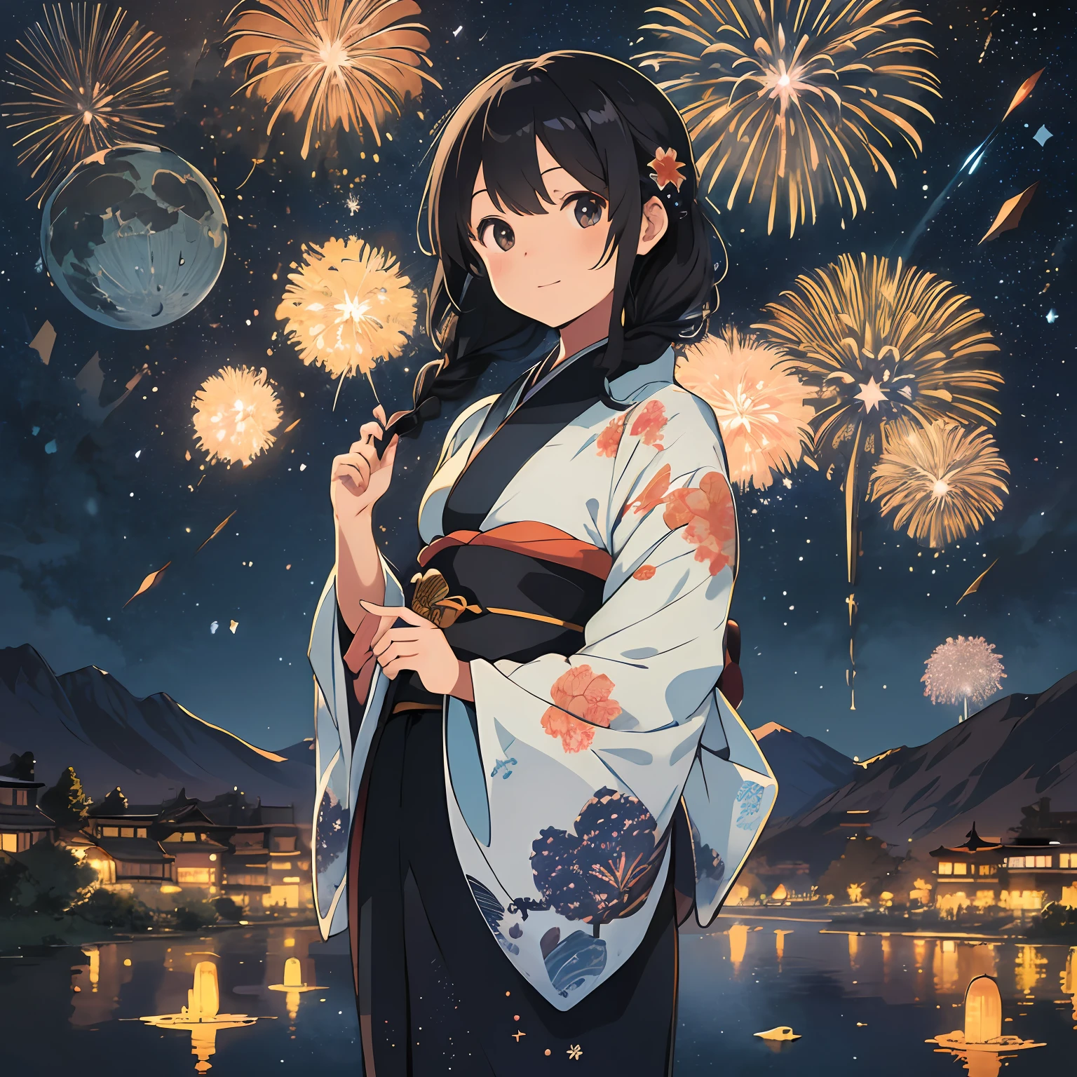 (best quality:1.2), (masterpiece:1.1), (ultra-detailed illustration:1.2), from above,
1girl, solo, standing, print kimono, black hair, braided hair, (east asian architecture:0.35), fireworks, (paper lantern:0.55), night sky, city background, mountain, night sky, happy, stars, moon, soft shadow, warm illumination, reflection, hair ornament, obi,