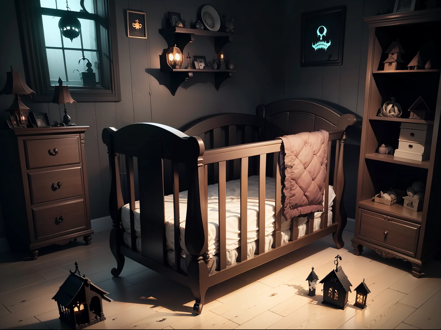Generate a spooky nursery with a dusty crib and a collection of eerie toys. --auto