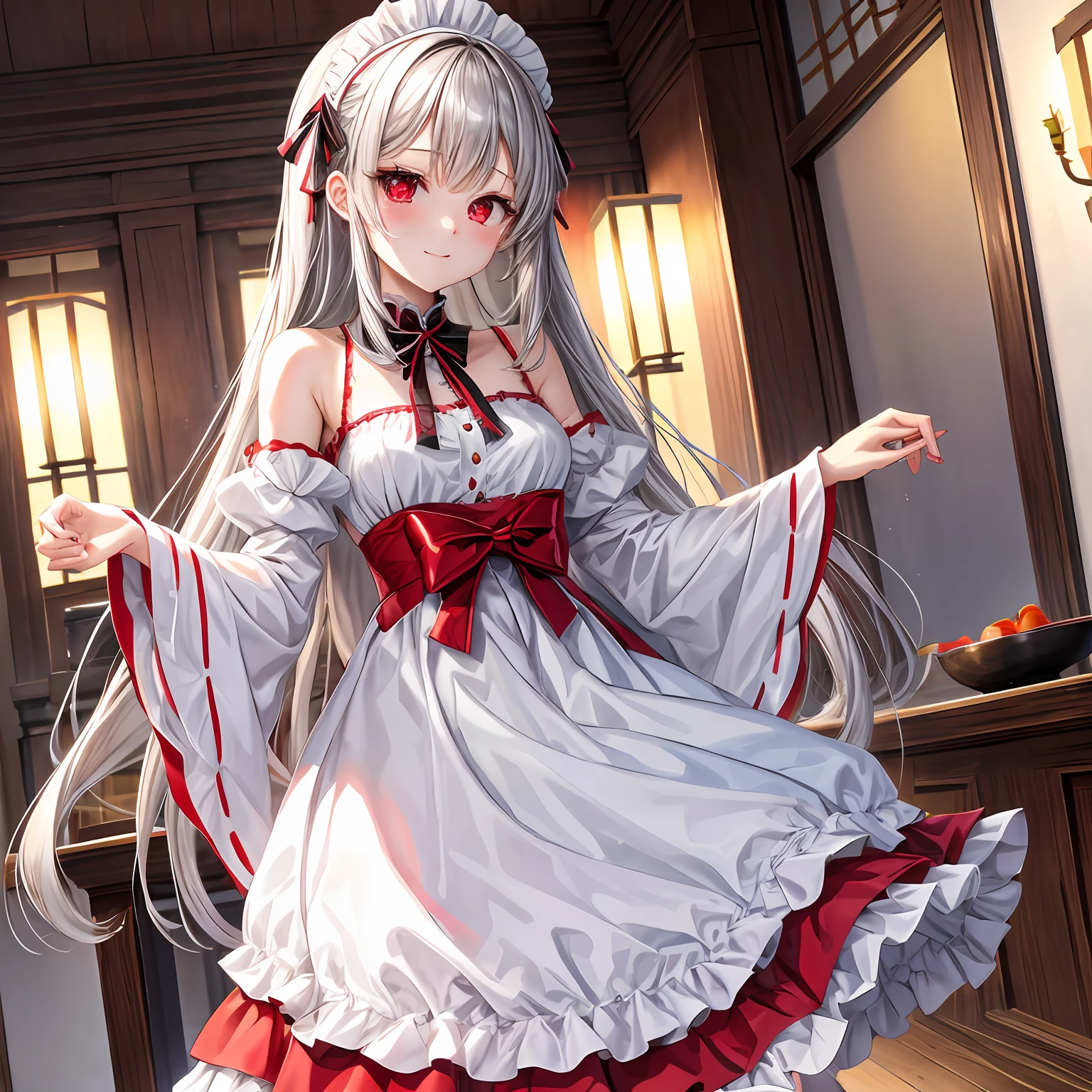 silber hair、red eyes、One pretty girl、独奏、animesque、maid clothes、off shoulders、Remove