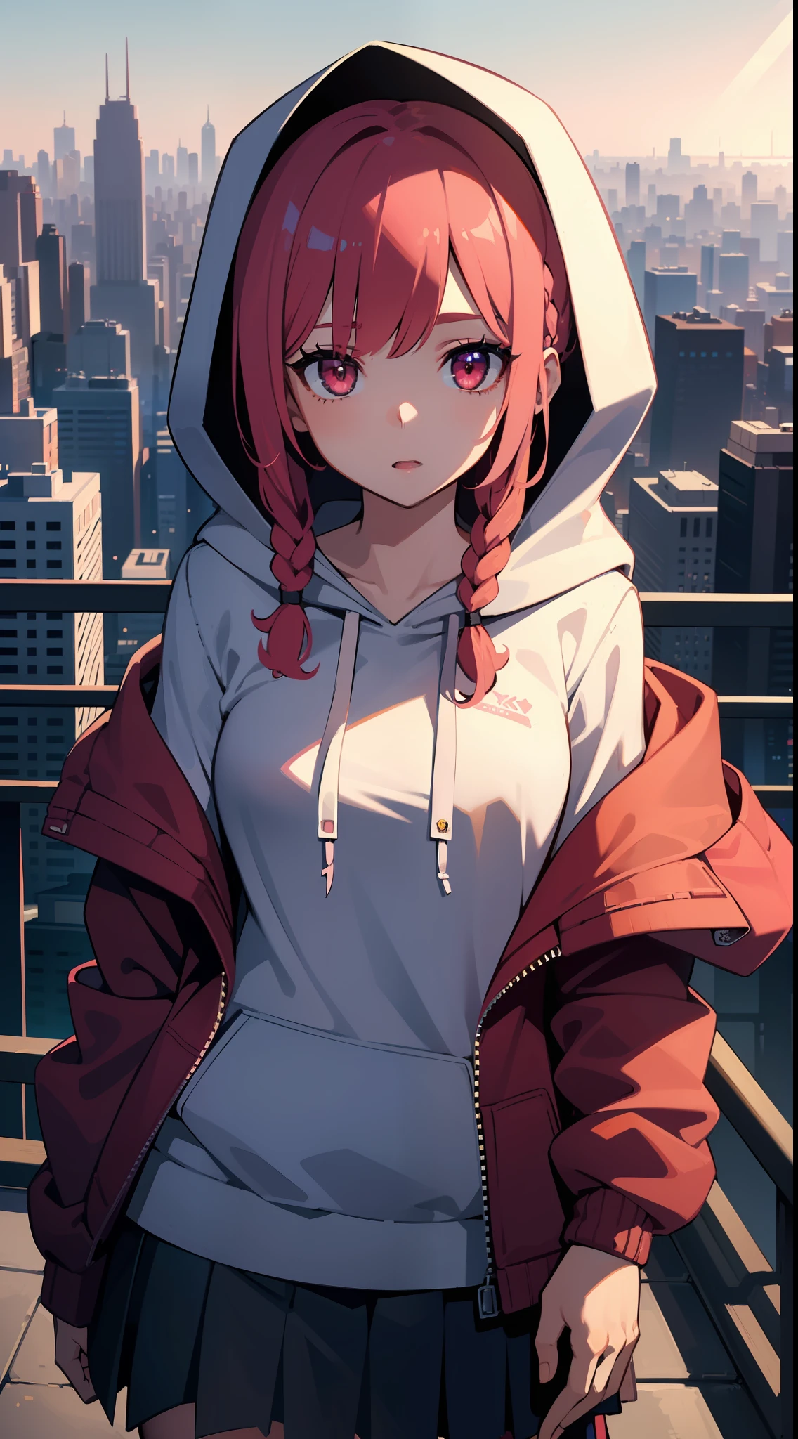 1girl, solo, loli, petite, (very_long_hair), (pink_hair:1.2), braids, (red_eyes), medium_breasts, (white_shirt:1.5), (windbreaker), (off_shoulder:1.2), (portrait), glowing_eyes, background_light, (cityscape:1.5), (pleated skirt)(neon_lights:1.2), (science), cyberpunk, ((masterpiece)), (highres), (best_quality), (highly_detailed), (original),(Delicate background),(extremely detailed 8K wallpaper),cinematic lighting, volume lighting, light particles, shaded_face, beautiful_detailed_eyes, depth_of_field, perspective,(hood:1.5),