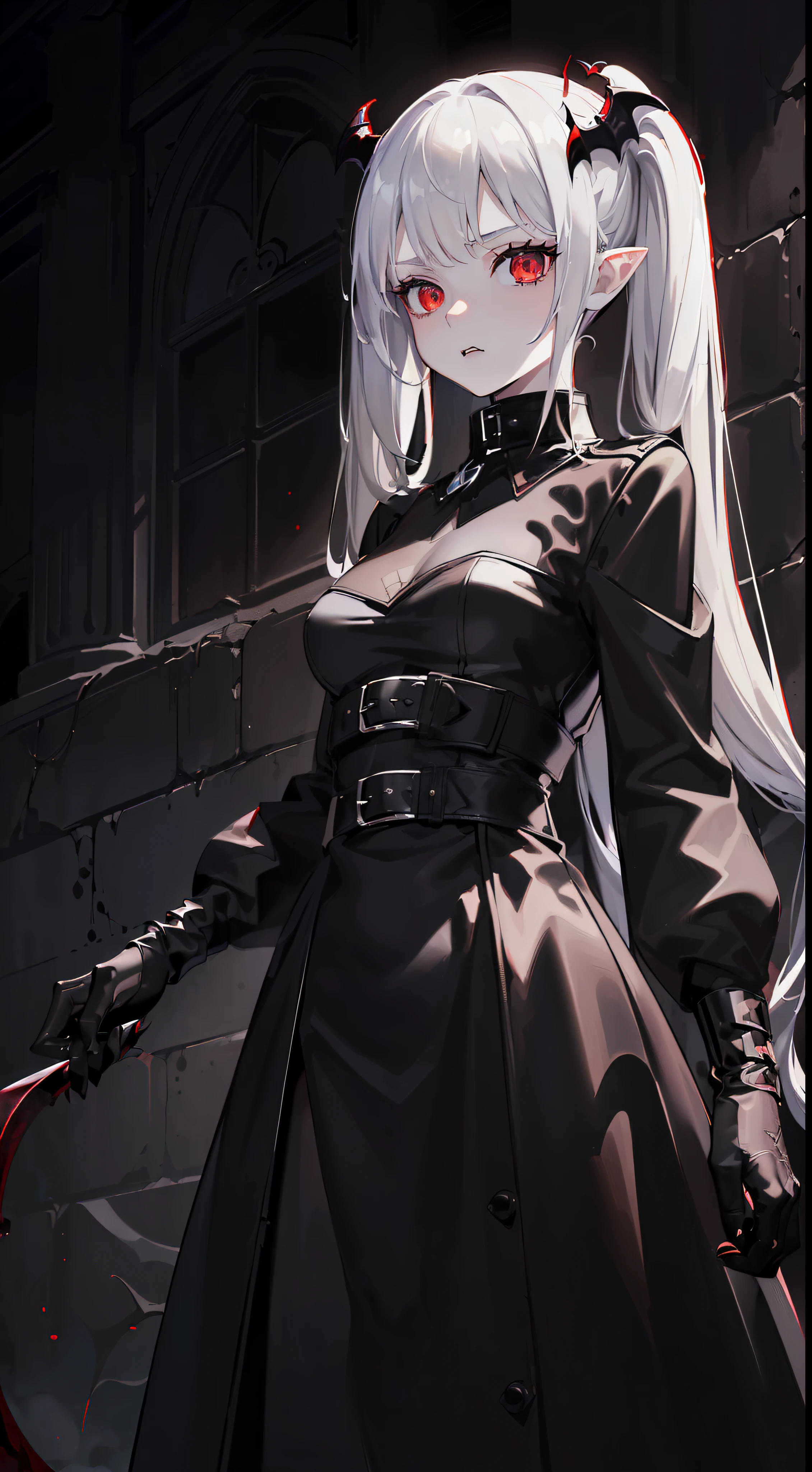 ((masterpiece, best quality, extremely detailed CG, unity 8k wallpaper,anatomically correct,ultra resolution)),Award-winning photography,(best illumination,Very Delicate and Beautiful),(one girl,solo,loli:1.5),(Vampire:1.45),silver hair,(twintails:1.2),(glowing red eyes:1.25),(pale skin:1.45),(extremely beautiful and detailed face:1.2), (extremely beautiful and detailed eyes:1.2),perfect hands,delicate legs,((bat hair ornament)),(fashion style,death atmosphere),pointy ears,skinny,((black leather long coat:1.4, ,black leather pants:1.2,black vest,black leather shoes,black leather gloves,poped collar)),looking at viewer,menacing,(holding whip:1.3),head tilt,dark persona,evil,(cute:1.5),((night, dark atmosphere, dark theme, darkness:1.5,dynamic angle)),dramatic shadows,(dimly lit:1.5),blood on face,blood on floor, blood on walls,(blood mist,blood splash:1.4),depth of field,(devil city:1.3),hell flames,(perfect human body structure with maximum precision)