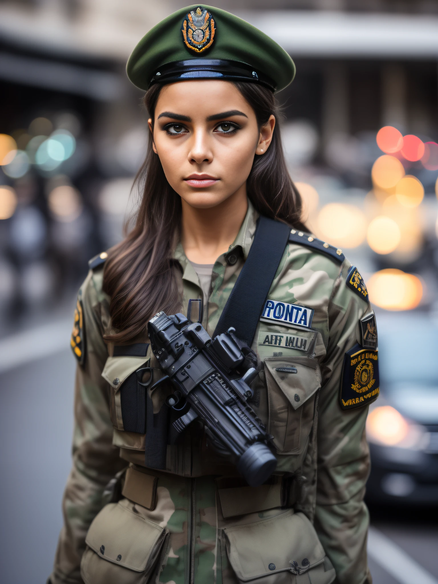 Mulher jovem de 27 anos, (policial, tenente, uniforme militar:1.2), in the center of a metropolis. ((Autorretrato de rosto frontal)), 8k UHD, DSLR, grain of film, fotorrealista, foco nítido, posing for camera, expression of seriousness, expression of attention, looking-into-camera.