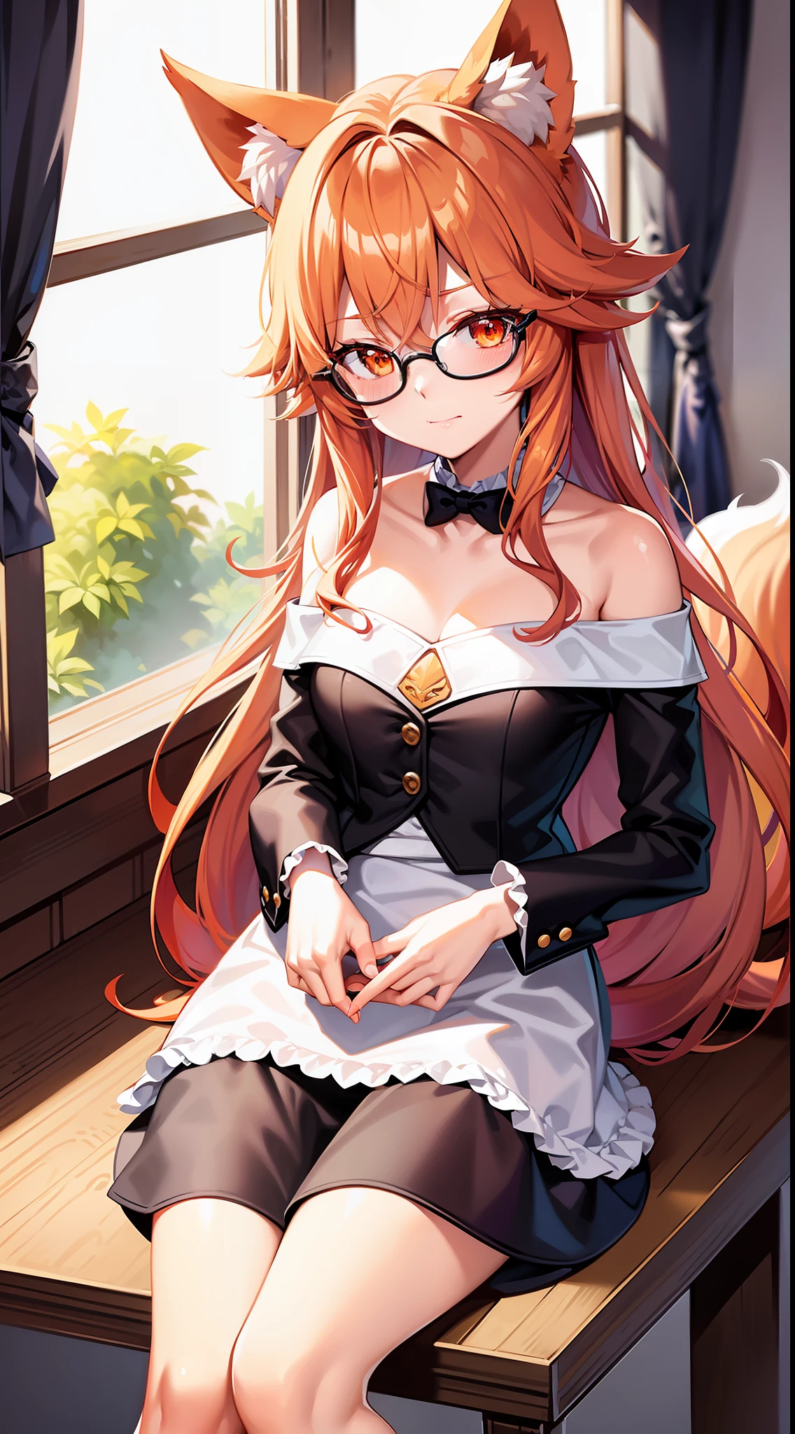 tmasterpiece,best qualtiy),fox ear,Medium long orange hair,Anime moe art style,Wear glasses,Orange eyes,adolable,Push glasses with your index finger,One tail,Fluffy tail,White tail tip,Poor chest,Cute anime girl, Anime moe art style,Sit at the table by the window,sat on the ground