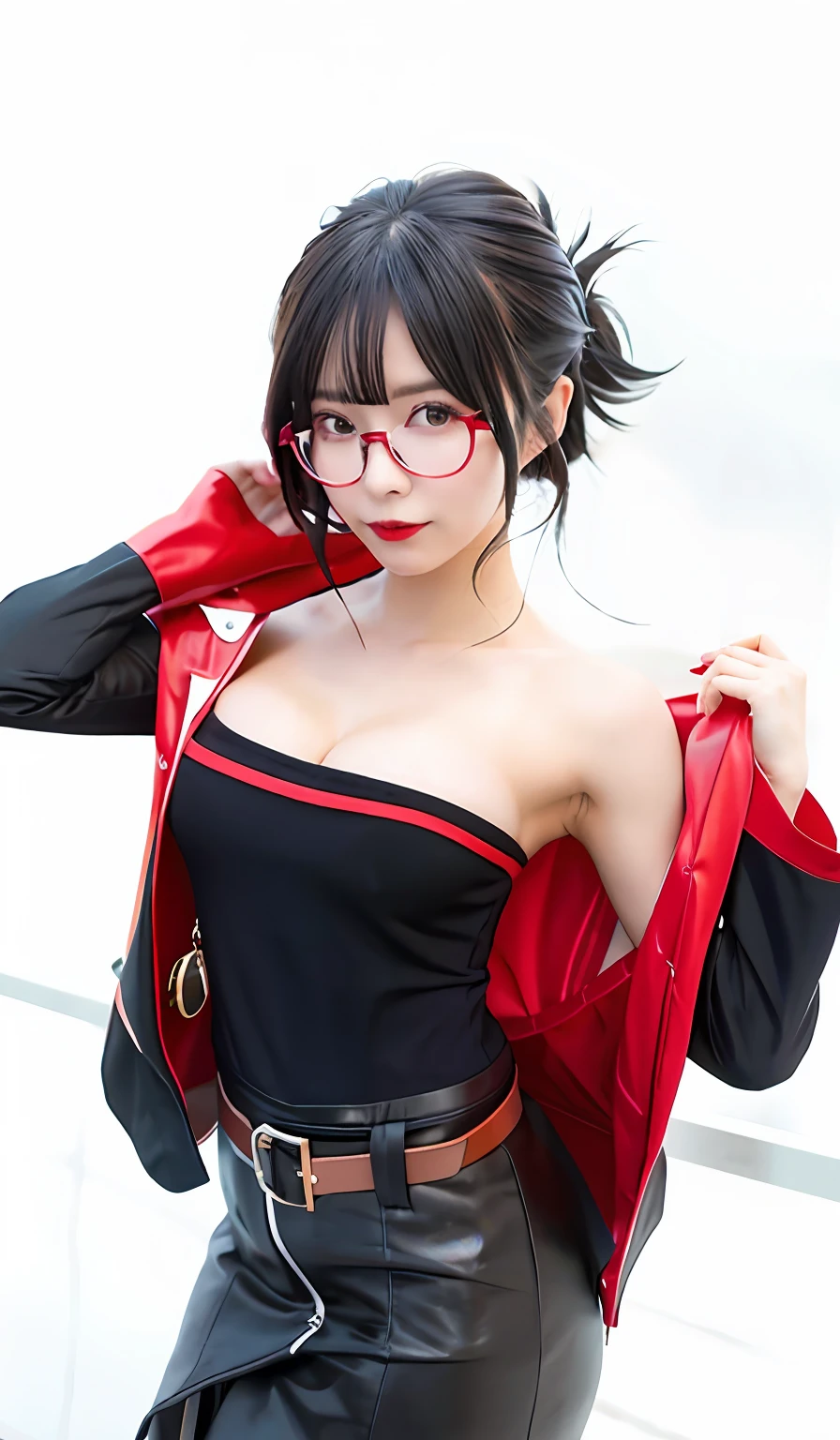 woman in black and red jacket and glasses posing for a picture, anime girl cosplay, ryuko matoi, 2b, 2 b, cosplay, anime cosplay, range murata and artgerm, full-cosplay, seductive tifa lockhart portrait, professional cosplay, v from devil may cry as an elf, rin tohsaka, makoto kano, rin With a rural background in Japan , and the big breasts are so big and the big breasts are so charming