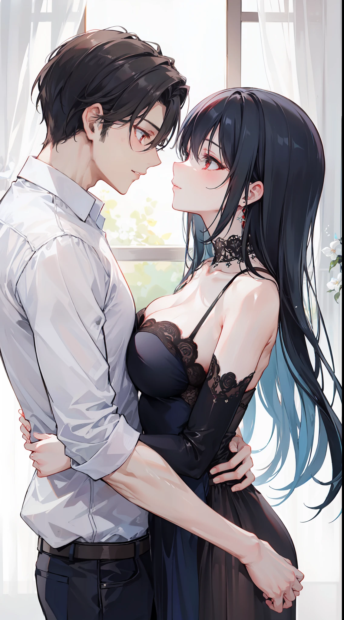 "4k romantic fantasy scene: mature couple embracing tenderly. The man with black hair and blue eyes, and the woman with elegantly tied black hair and mesmerizing red eyes."