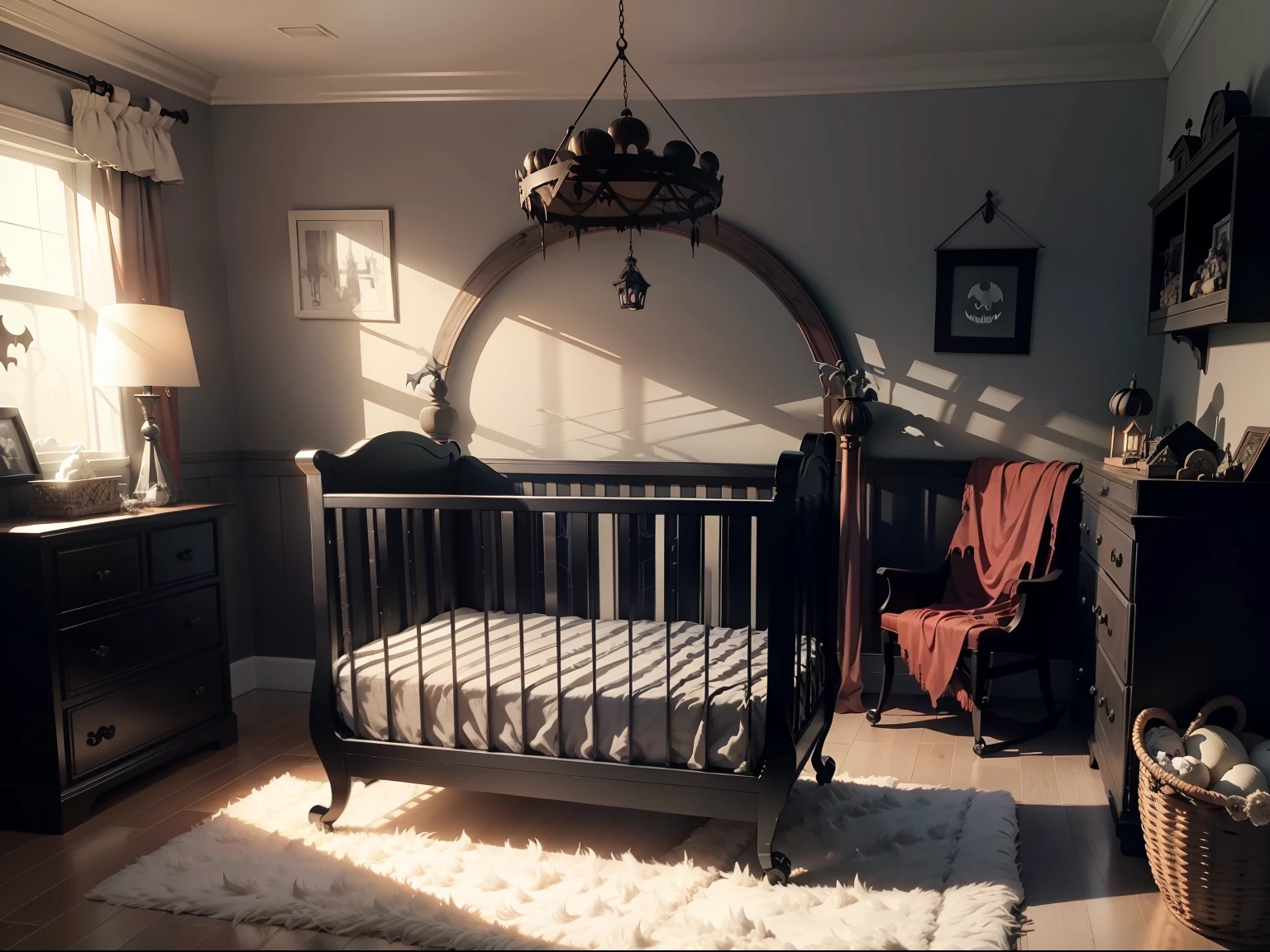 Generate a spooky nursery with a dusty crib and a collection of eerie toys. --auto