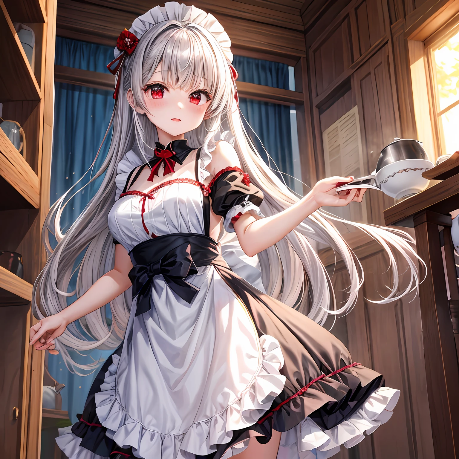 silber hair、red eyes、One pretty girl、独奏、animesque、maid clothes、off shoulders、Remove