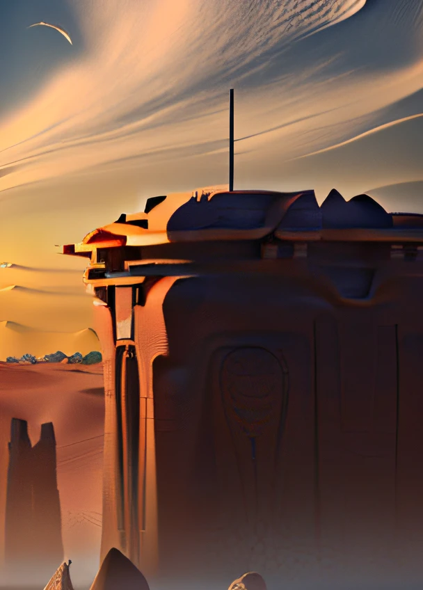 Architecture in the desert,There is some texture on the walls,Totem textures,A house made of stones,Futuristic sci-fi style,the detail,Three View