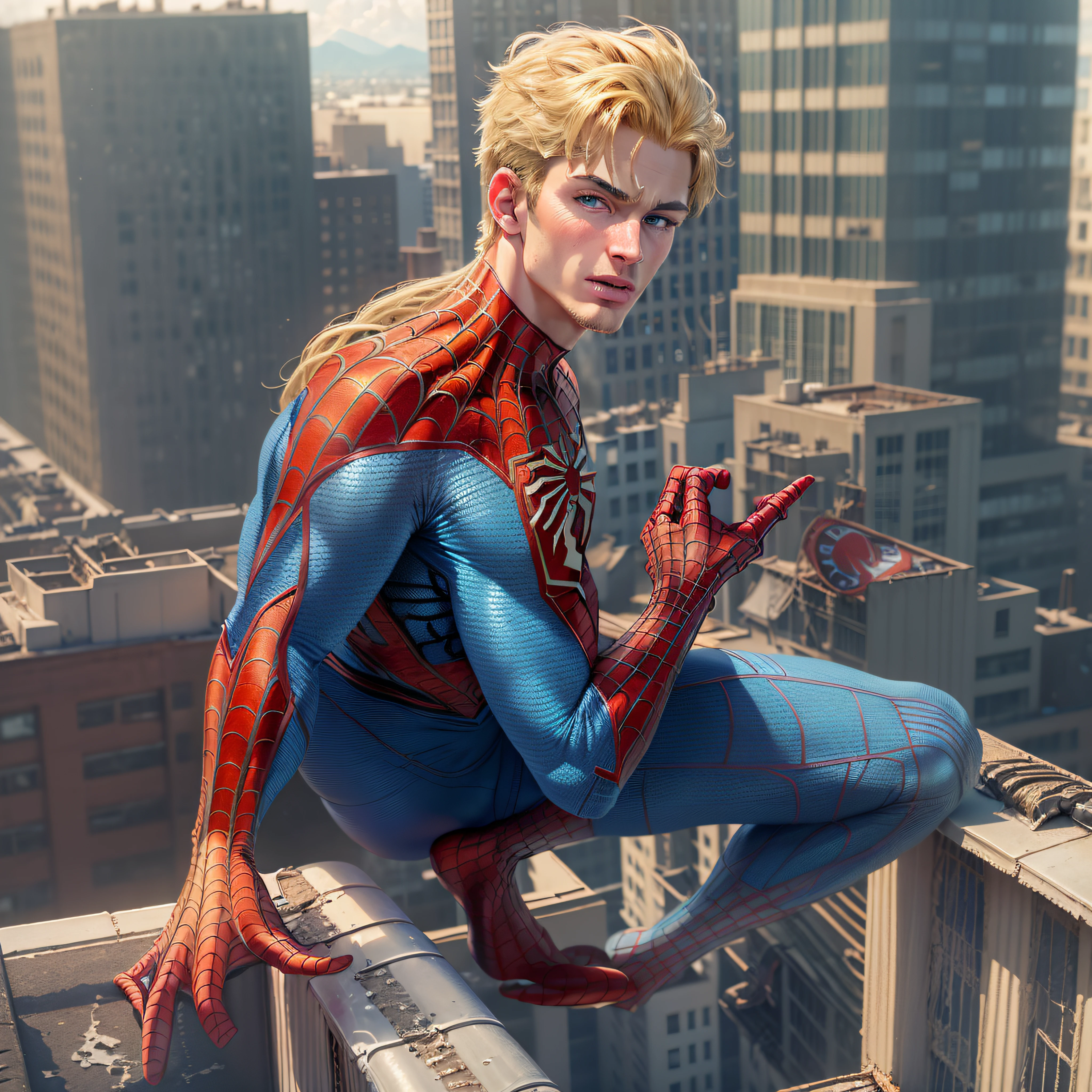 high quality, 1man, (((handsome blonde american Ken as Spiderman dilf))), (((blue eyes))) (((on the rooftop of building))) (((no facial hair)))