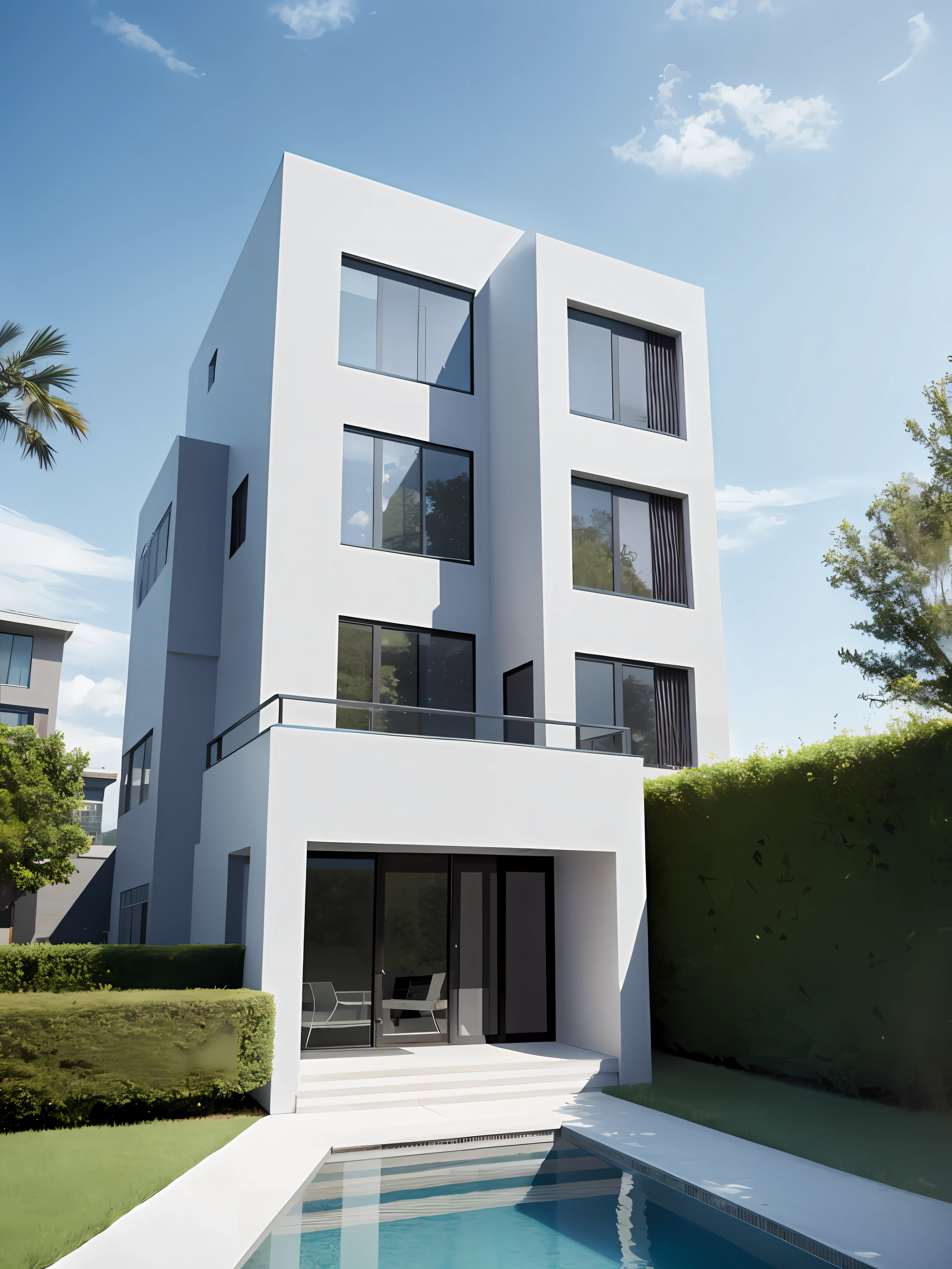 modern architecture of new complex home, high building and low building, good perspective, front pool and courtyard, , trees, sky, cloud, realistic, illustation, (8K, masterpiece), (best quality), (high resolution), (extremely full detailed)