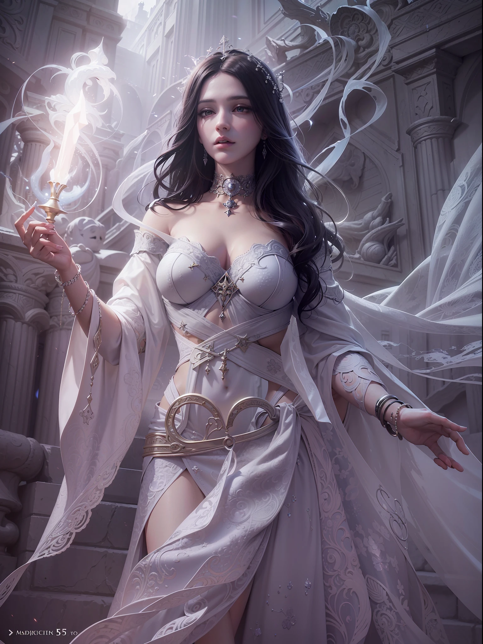high details, best quality, 8k, [ultra detailed], masterpiece, best quality, (extremely detailed), dynamic angle, ultra wide shot, photorealistic, fantasy art, dnd art, rpg art, dark fantasy realistic art, an ultra wide picture of a female human (1.5 intricate details, Masterpiece, best quality) godess of death ((pale white magical aura)), controlling a swirling magic (1.5 intense details, Masterpiece, best quality), manipulating [[magical sigils]] (1.5 intricate details, Masterpiece, best quality), human female, black hair, pale skin, long hair with pale white aura, hair with pale touch, white eyes, pale eyes, intense eyes, ((glowing eyes)), dynamic clothing, fantasy temple of death, background, gothic art ((divine worship atmosphere)),  high details, best quality, highres, ultra wide angle@