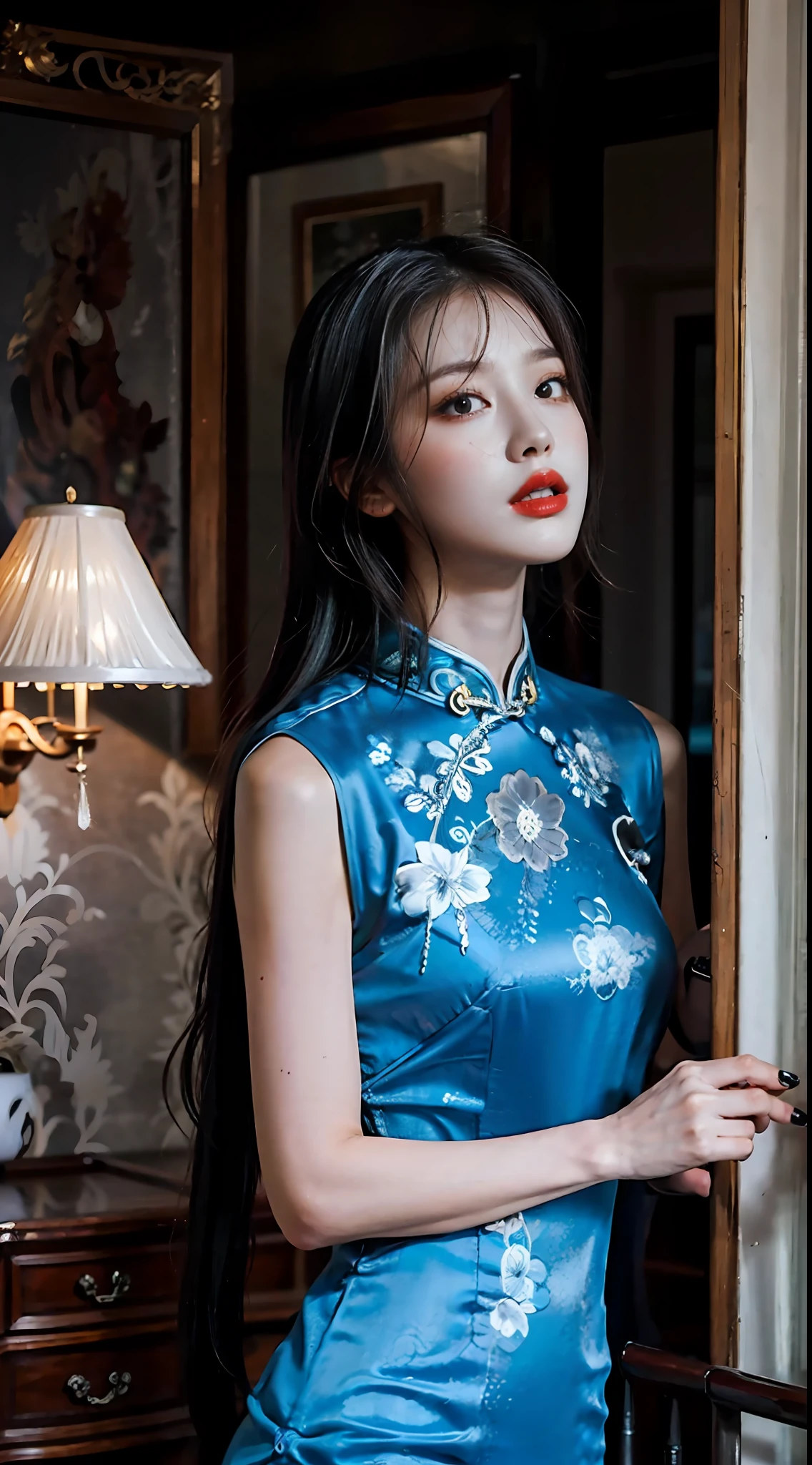 "Beautiful and lonely，Cyan cheongsam beauty，She wears lipstick，She looked up，Dark lights filled the surroundings，The atmosphere of the night，Full of vintage，She missed her lover，Deeply shrouded in sadness，The picture is HD，A masterpiece。"