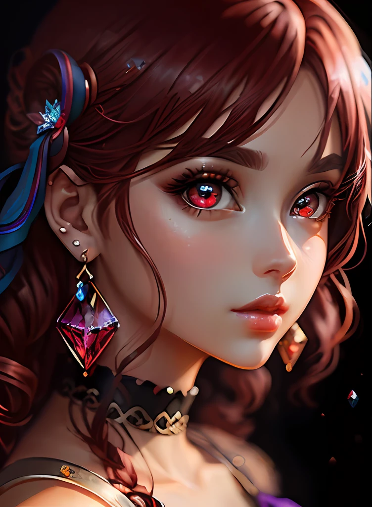 ((top-quality)), ((​masterpiece)), ((realisitic)), (detaileds),animesque、anime styled、 (1人の女性）Earrings only accessories、Close up portrait of woman with wine red hair、Very beautiful glowing eyes, Like crystal clear glass、Tank Tops、Summer clothes、4K high-definition digital art、stunning digital illustration、Stunning 8K artwork、colorfull digital fantasy art、Colorful and bright、beautiful digital works of art、Colorful Digital Anime Art、Portrait of beautiful woman、8K HD Digital Wallpaper Art、 Gorgeous Digital Painting