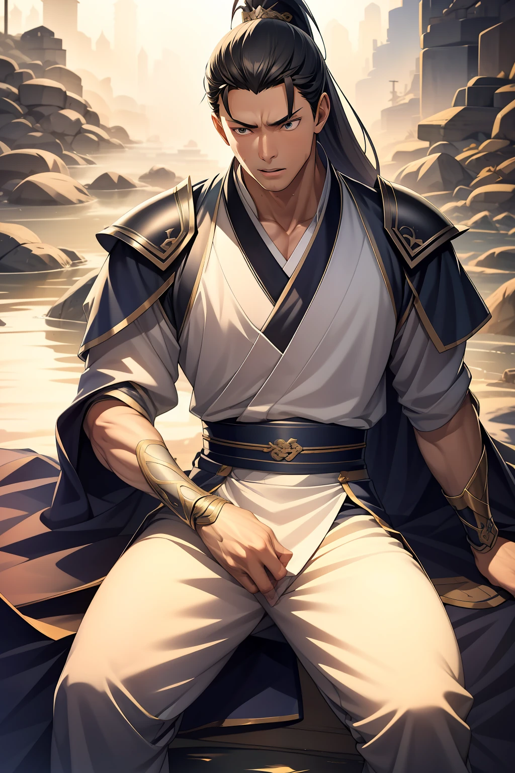 quadratic element,style of anime,mtu(Male Warrior),sit astride,The proportions are correct,Face details,swordsmen,High ponytail hairstyle,Neck details,There is an Adam's apple,White Hanfu,kaftan,clothes details,Handing over,longer sleeves,Game quality,Swordsmanship,Light and shadow tracking,Ray traching,detailed glow,cg render,hair detail,long white hair,Blue ㇏ eyes,Handsome,Handsome,(juvenile sense),Clothing is complicated,Perfectcomposition,Refinement,high qulity,higher details,Lots of details,The background is complex,a sense of atmosphere,