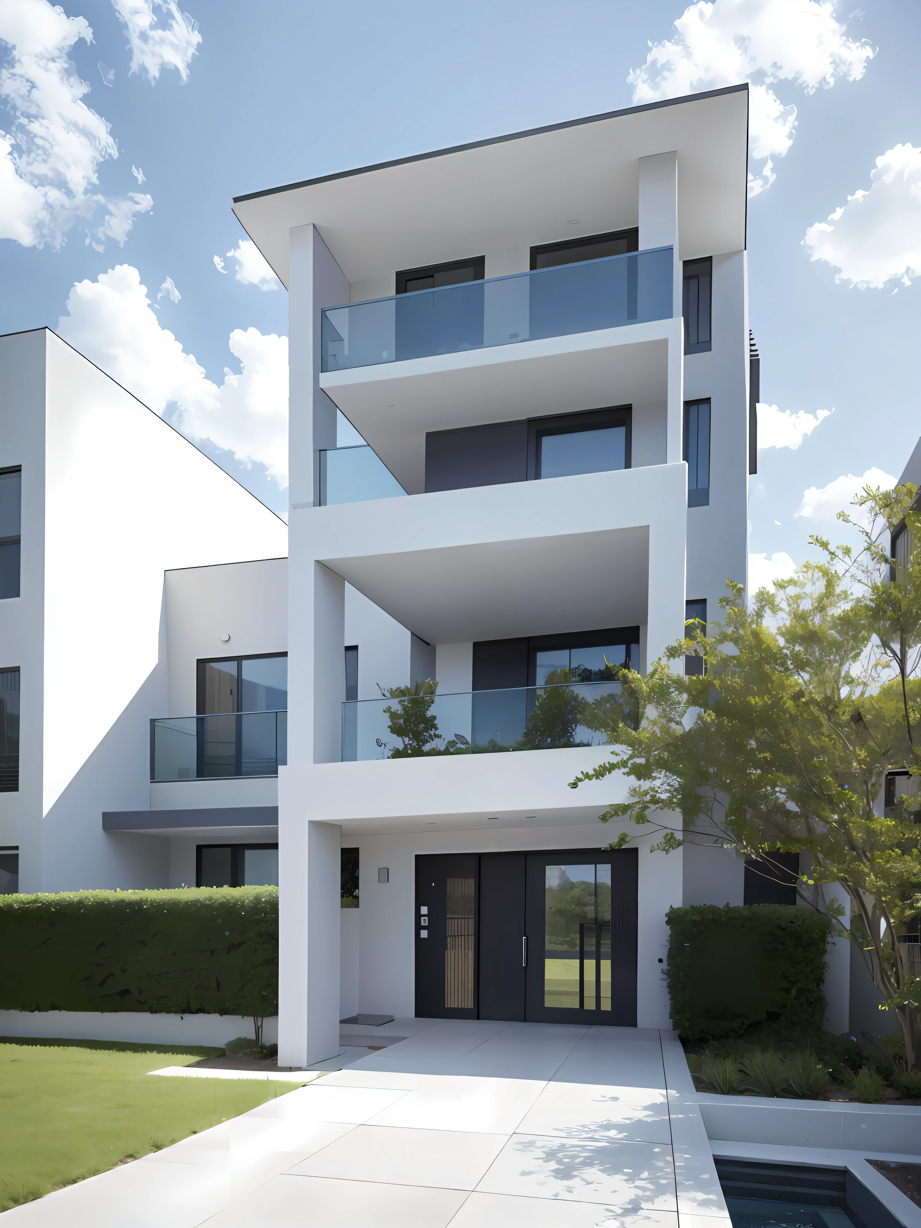 modern architecture of new complex home, high building and low building, good perspective, front pool and courtyard, , trees, sky, cloud, realistic, illustation, (8K, masterpiece), (best quality), (high resolution), (extremely full detailed)