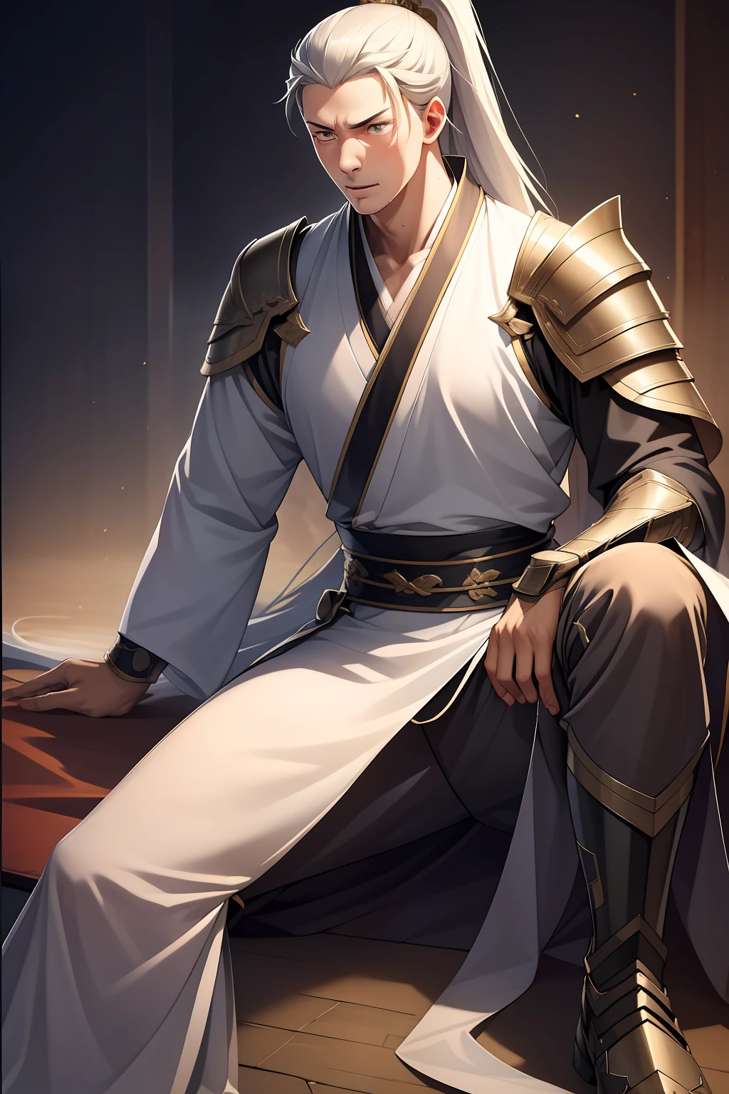 quadratic element,style of anime,mtu(Male Warrior),sit astride,The proportions are correct,Face details,swordsmen,High ponytail hairstyle,Neck details,There is an Adam's apple,White Hanfu,kaftan,clothes details,Handing over,longer sleeves,Game quality,Swordsmanship,Light and shadow tracking,Ray traching,detailed glow,cg render,hair detail,long white hair,Blue ㇏ eyes,Handsome,Handsome,(juvenile sense),Clothing is complicated,Perfectcomposition,Refinement,high qulity,higher details,Lots of details,The background is complex,a sense of atmosphere,