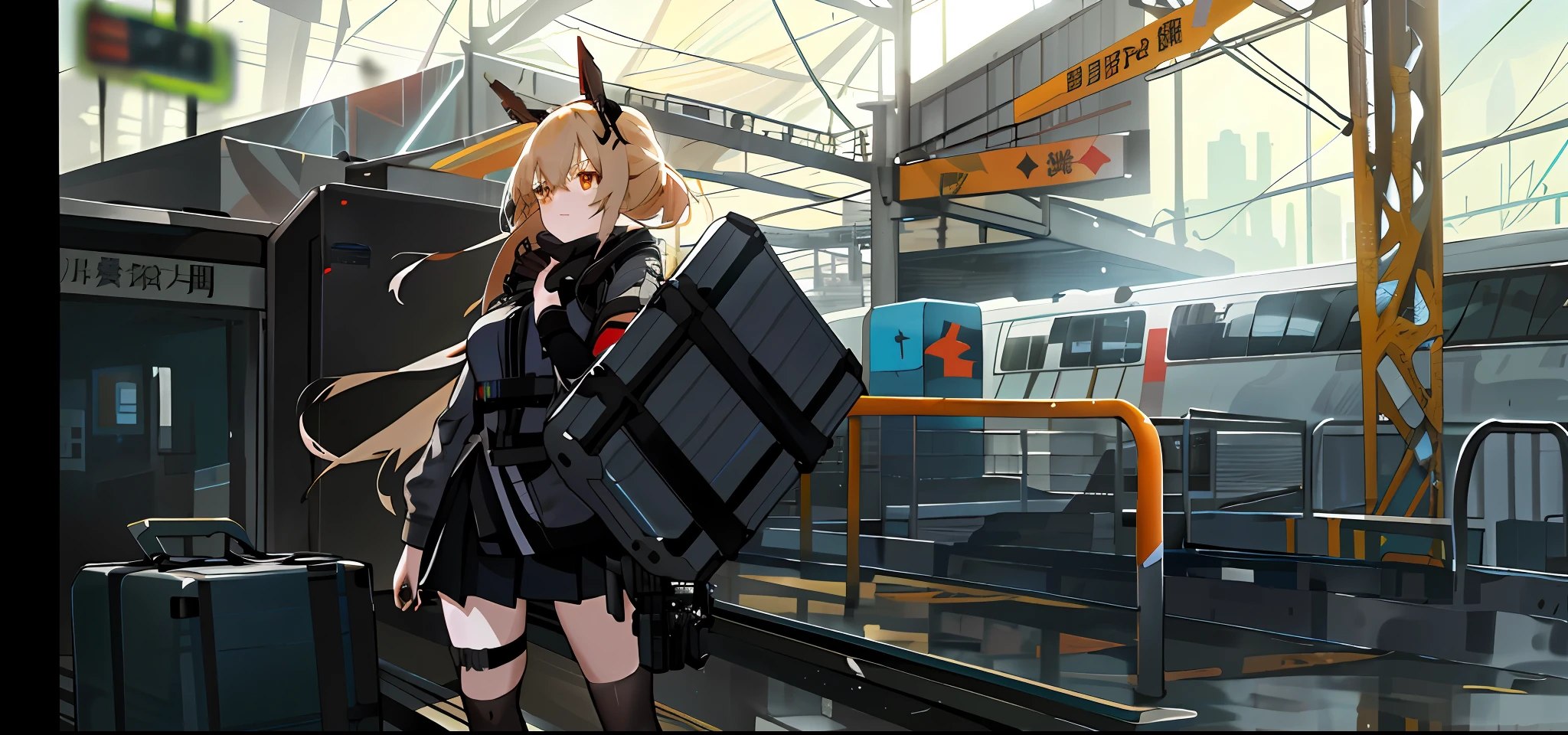 Anime girl standing at train station with suitcase, m4 sopmod ii girls frontline, Fine details. Girl Front, girls frontline style, Girls Frontline CG, From the night of the ark, from girls frontline, A scene from the《azur lane》videogame, Kantai collection style, Girl Front, girls frontline universe, kantai collection arcade, arknight, azur lane style