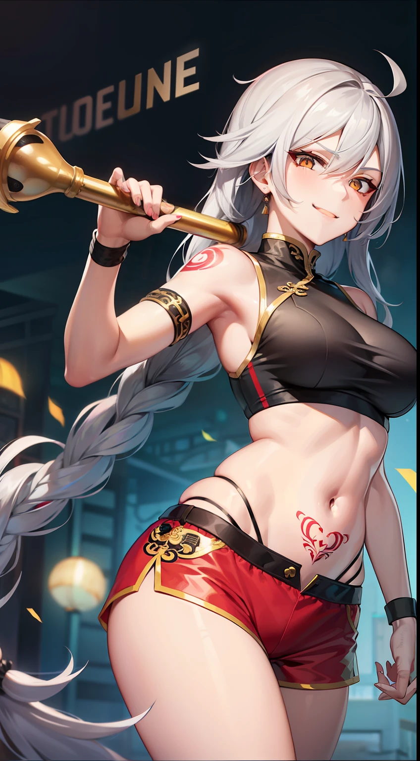 Adult woman, Gray hair in a long braid, golden eyes, sporty figure, Chinese turquoise top, Red Shorts, Tonfa, Tatoo, smirk, Masterpiece, hiquality