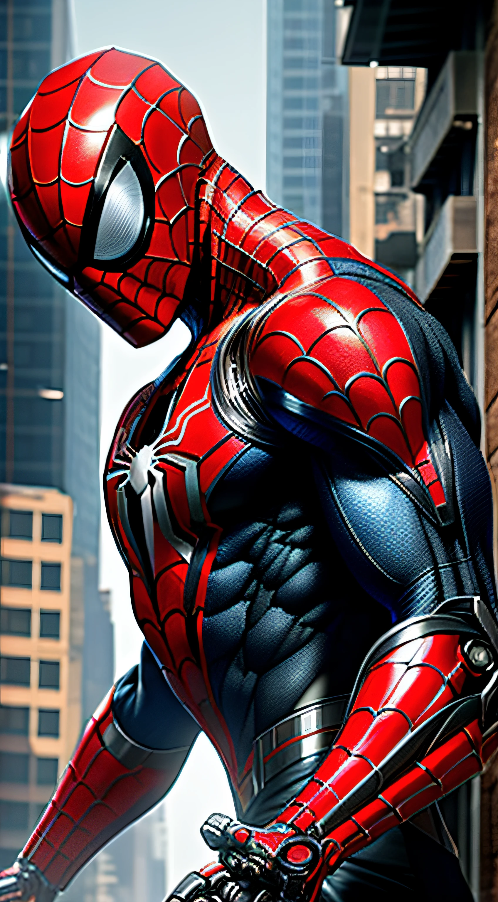 a photograph of spider man 2099, biomechanical, complex robot, full body, hyper realistic, insane fine details, Extremely sharp lines, cyberpunk aesthetic, a masterpiece, featured on zbrush central