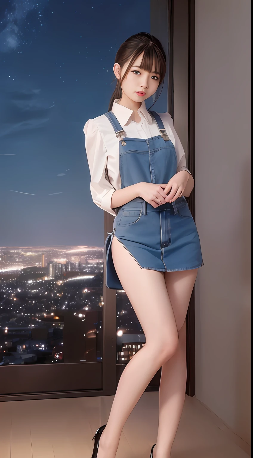 ((mid night、top-quality、8K、masterpiece:1.3)), full body Esbian, long legged, foco nítido:1.2, Beautiful woman with perfect body shape:1.4, Slender Abs:1.1, (Jean Bib, is standing:1.2), ((Night City View、)), Highly detailed facial and skin texture, A detailed eye, 二重まぶた