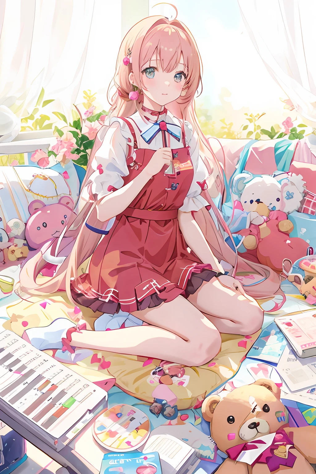 Anime girl sitting on sofa,There is a keyboard and teddy bear, (Anime girl), Cute anime girl, loli in dress, Anime girl, Soft anime illustration, saori, Beautiful anime girl, Pisif, nightcore, anime visual of a cute girl, author:Love light, Loli, lofi-girl, pretty anime girl, Cute anime