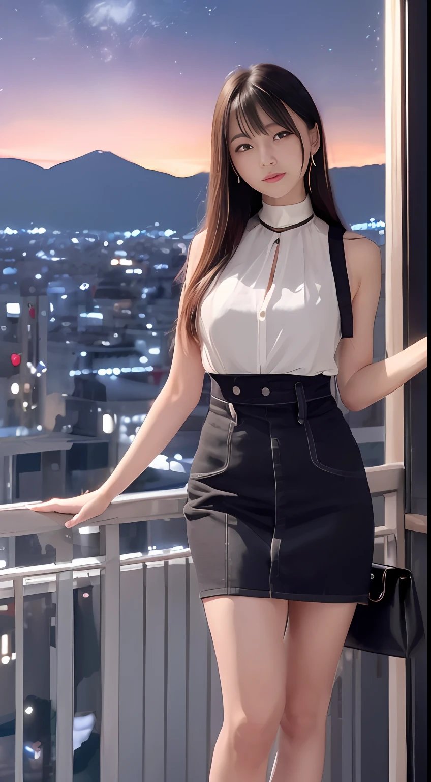 ((mid night、top-quality、8K、​masterpiece:1.3)), full body Esbian, long legged, foco nítido:1.2, Beautiful woman with perfect body shape:1.4, Slender Abs:1.1, (Jean Bib, is standing:1.2), ((Night City View、)), Highly detailed facial and skin texture, A detailed eye, 二重まぶた