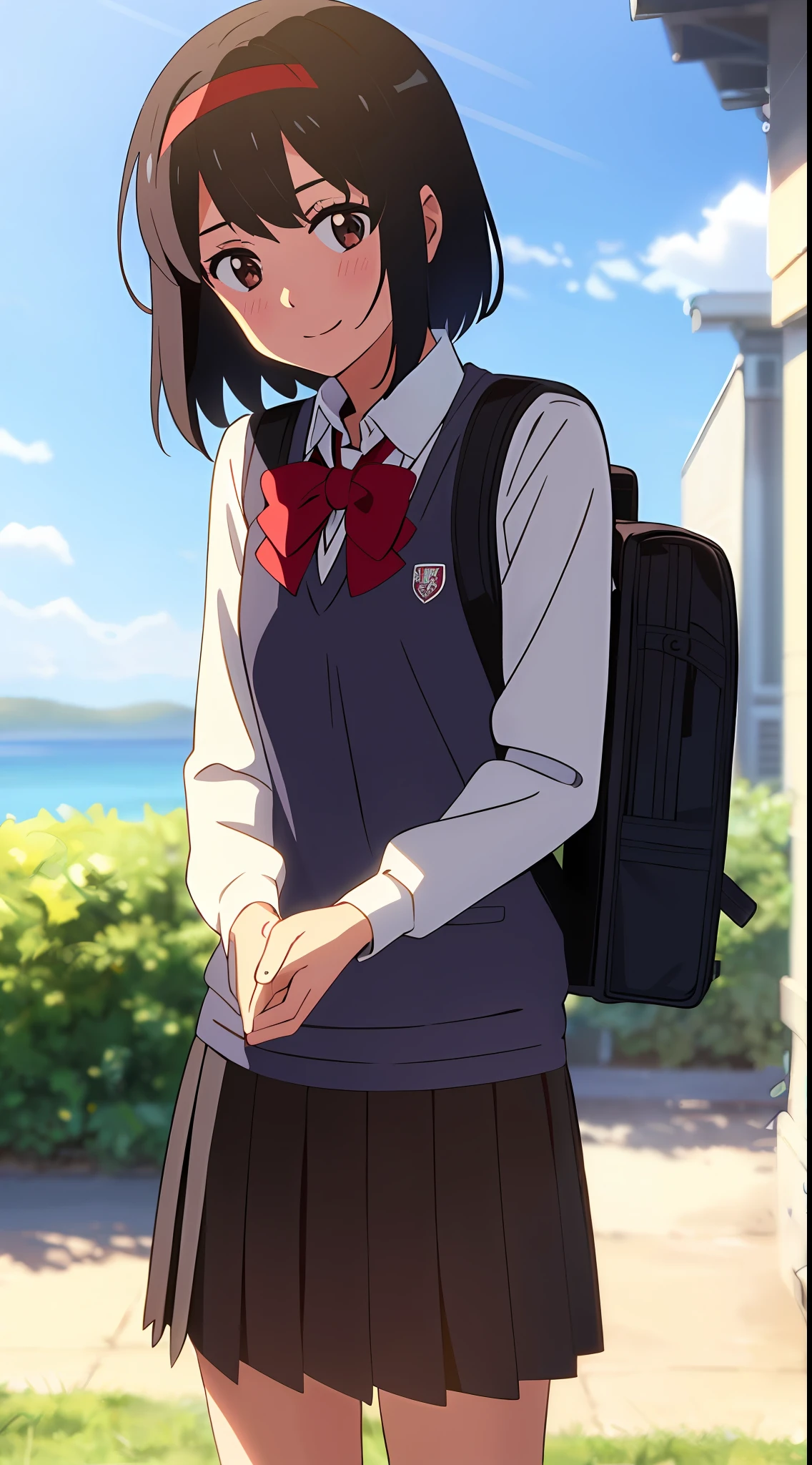shinkai makoto, kimi no na wa., 1girl, bangs, black hair, blush, brown eyes, sky, cloud, collared shirt, looking at the viewer, outdoors, red headband, red ribbon, red bow, school uniform, short hair, smile, solo, white shirt, black sweater vest, black vest, black skirt, long sleeves, school backpack