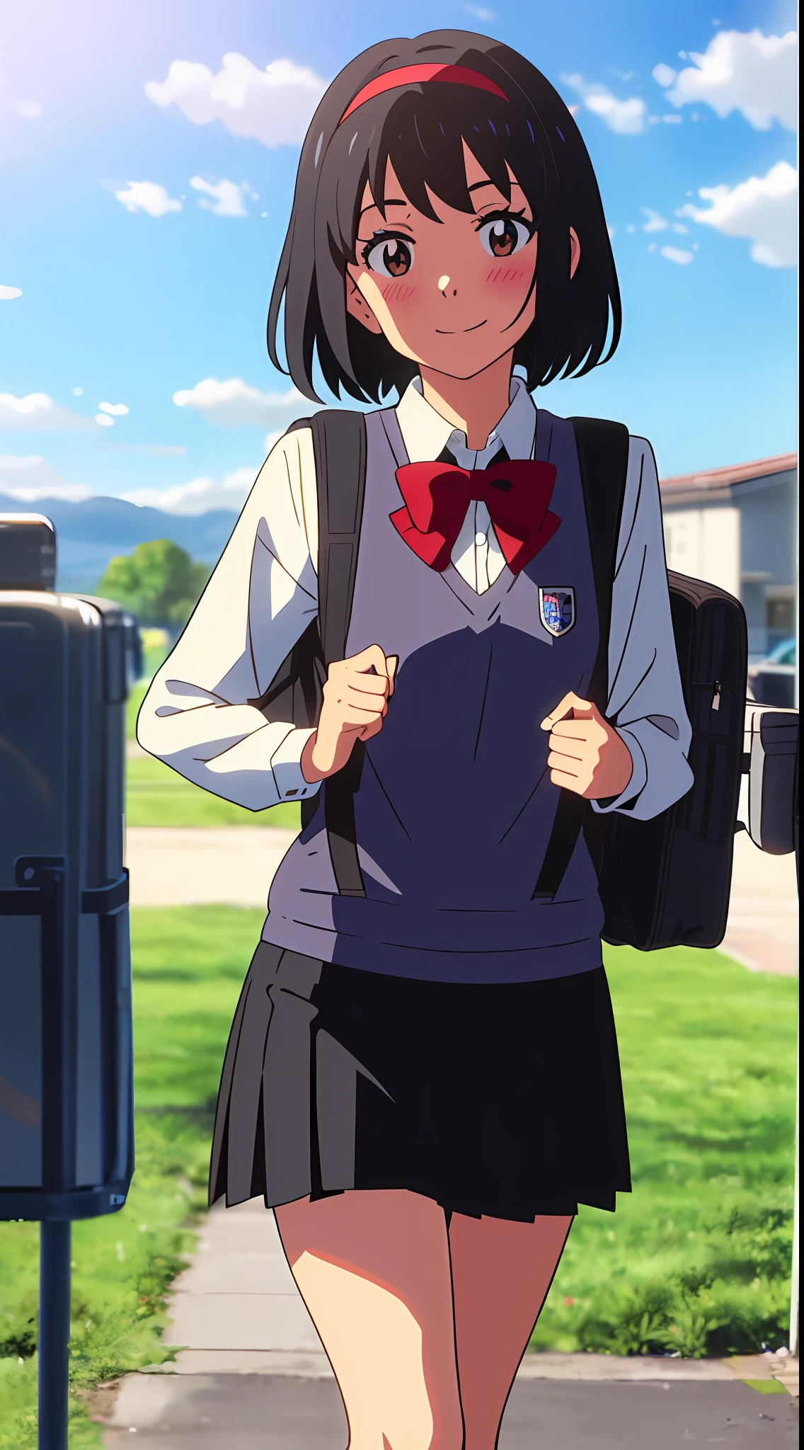 shinkai makoto, kimi no na wa., 1girl, bangs, black hair, blush, brown eyes, sky, cloud, collared shirt, looking at the viewer, outdoors, red headband, red ribbon, red bow, school uniform, short hair, smile, solo, white shirt, black sweater vest, black vest, black skirt, long sleeves, school backpack