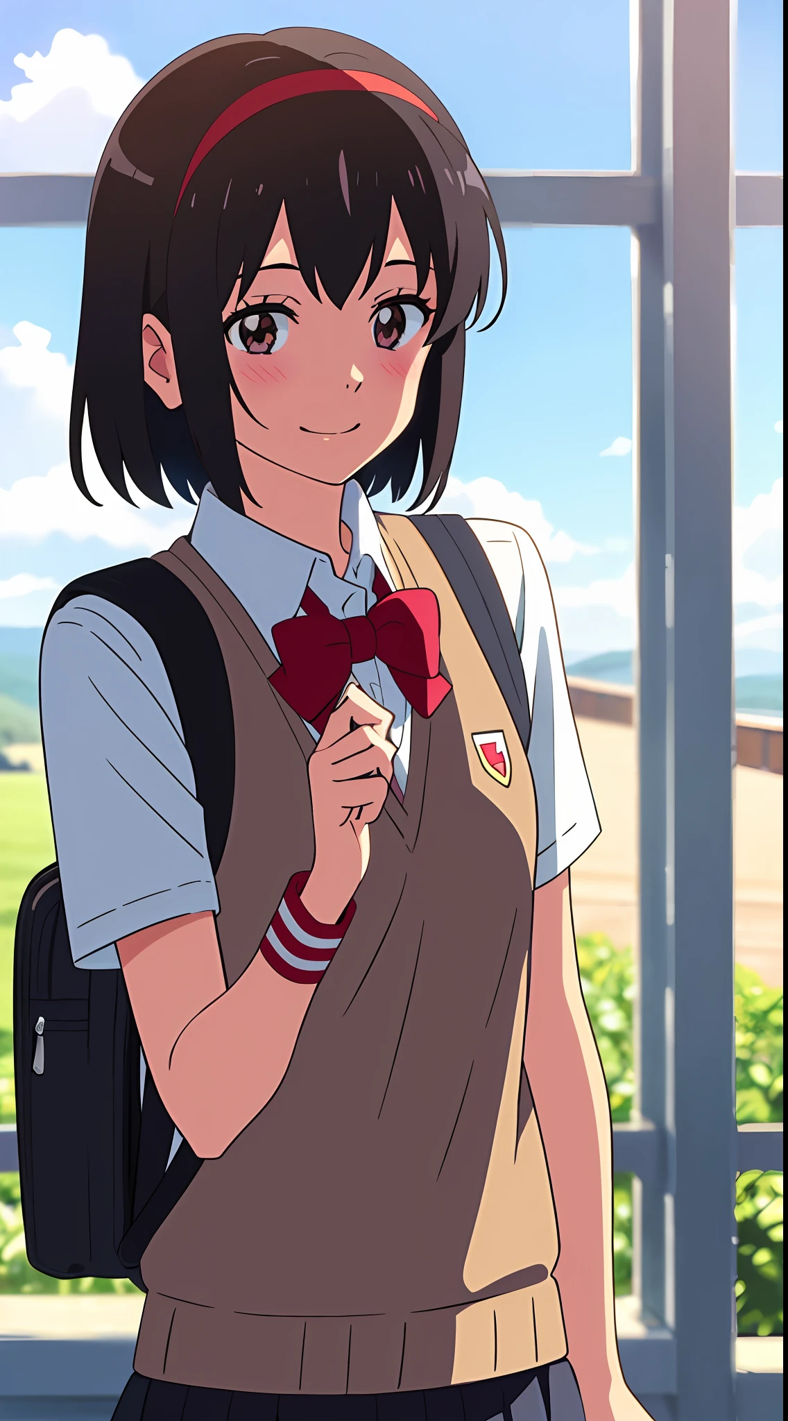 shinkai makoto, kimi no na wa., 1girl, bangs, black hair, blush, brown eyes, sky, cloud, collared shirt, looking at the viewer, outdoors, red headband, red ribbon, red bow, school uniform, short hair, smile, solo, white shirt, brown sweater vest, brown vest, chocolate skirt, short sleeves, school backpack