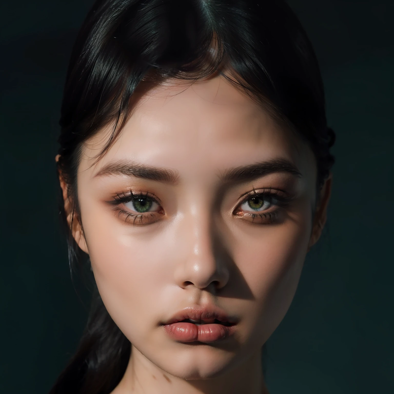 Extremely beautiful japanese model frontal face close up, marked make up, fashion make up, Balenciaga photoshoot, ultra detailed, photorealistic, marked shadows, dark, minimalistic background, cold lights, green lights.